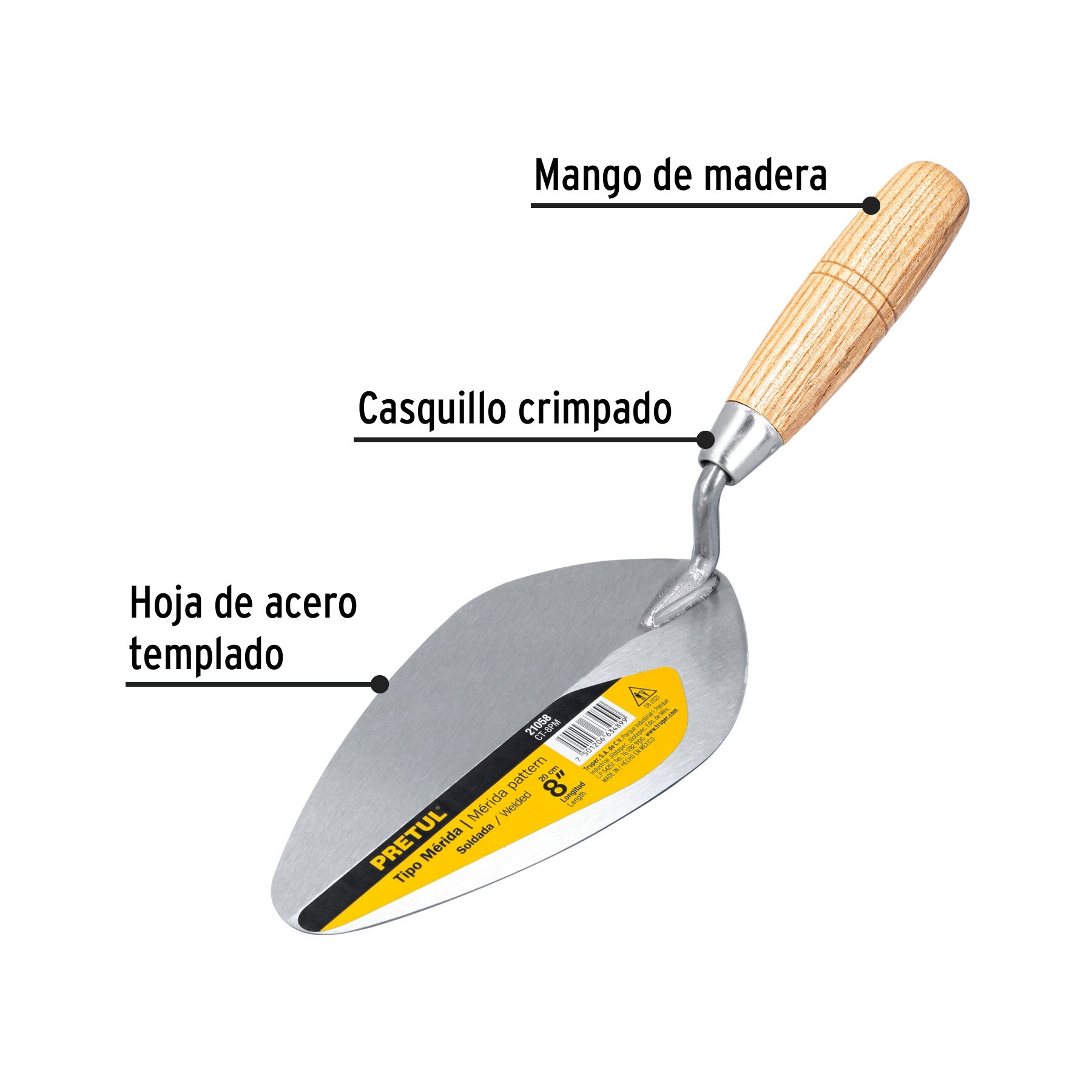 Cuchara para albañil, 8", tipo mérida, pretul