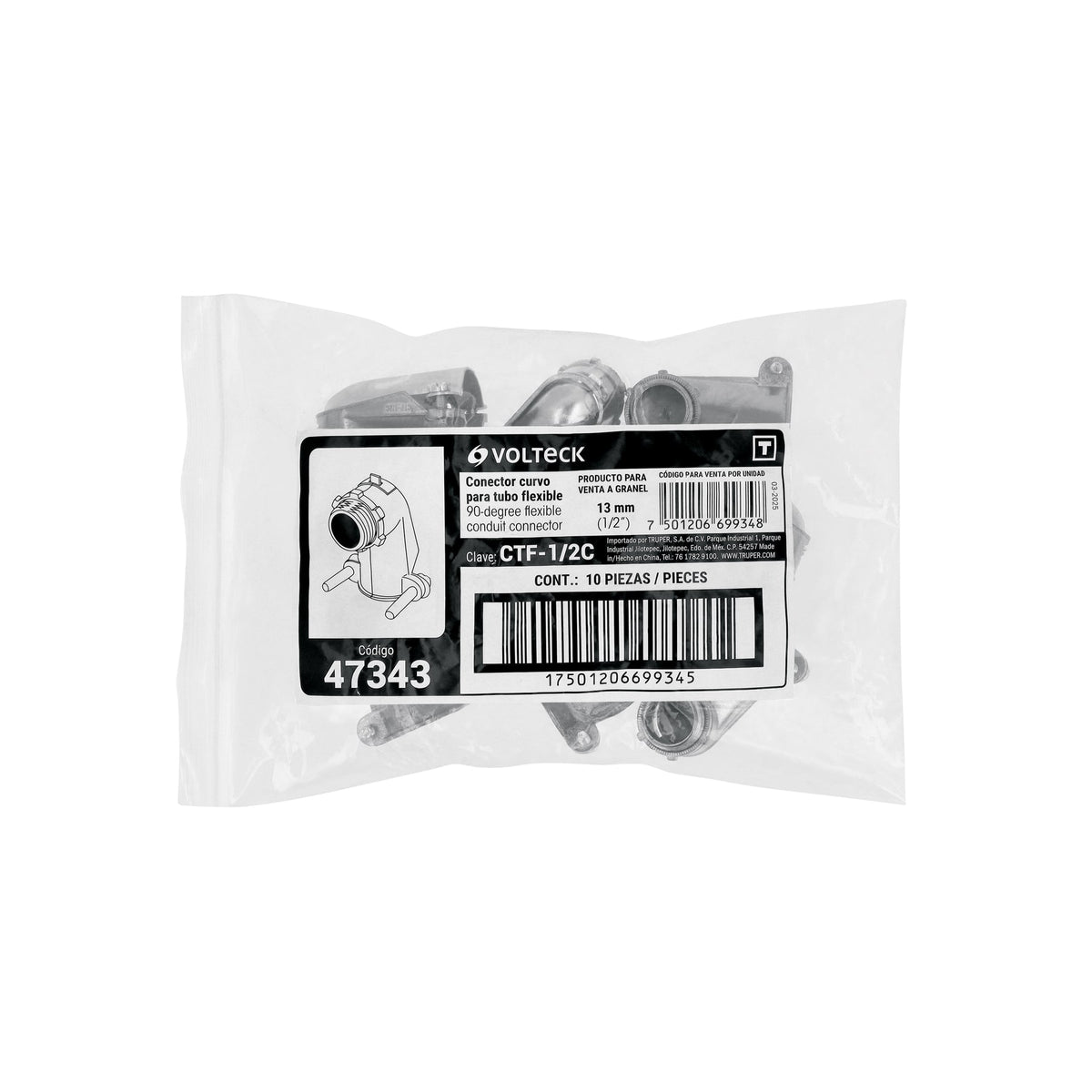 Conector tubo flexible 1/2" curvo, Volteck