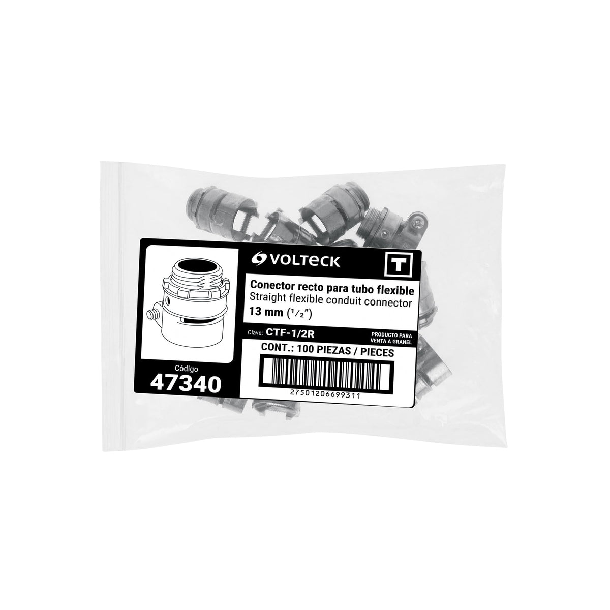 Conector tubo flexible 1/2" recto, Volteck