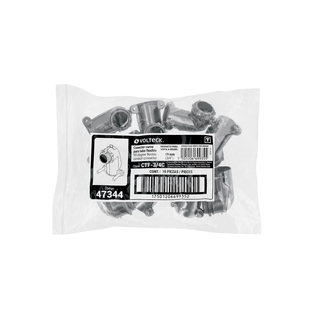 Conector tubo flexible 3/4" curvo, Volteck