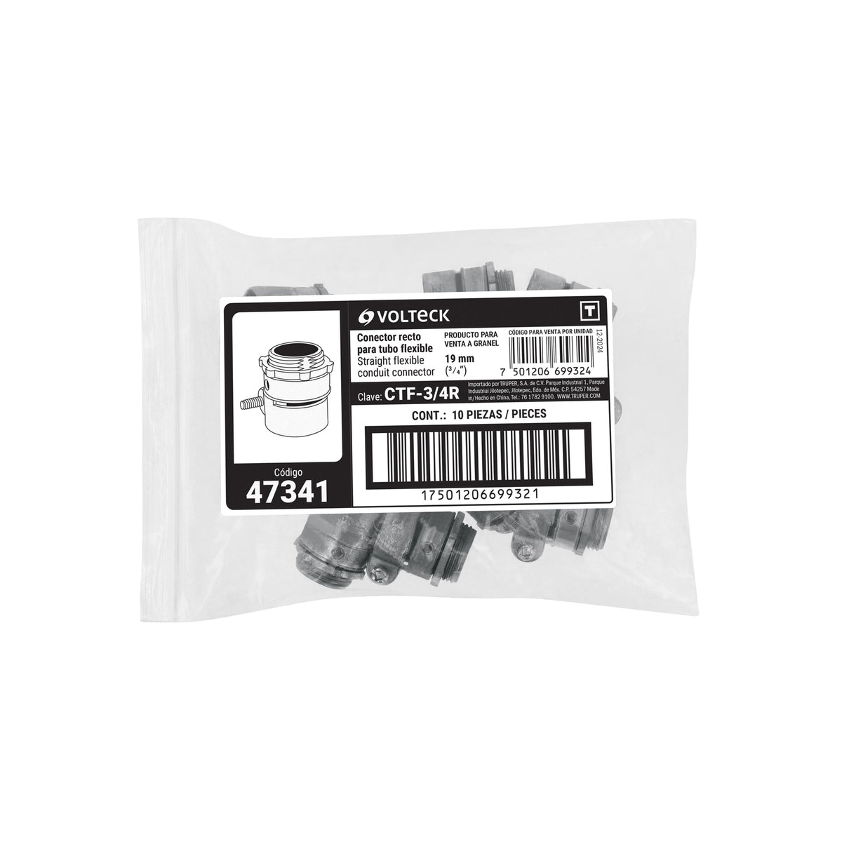 Conector tubo flexible 3/4" recto, Volteck