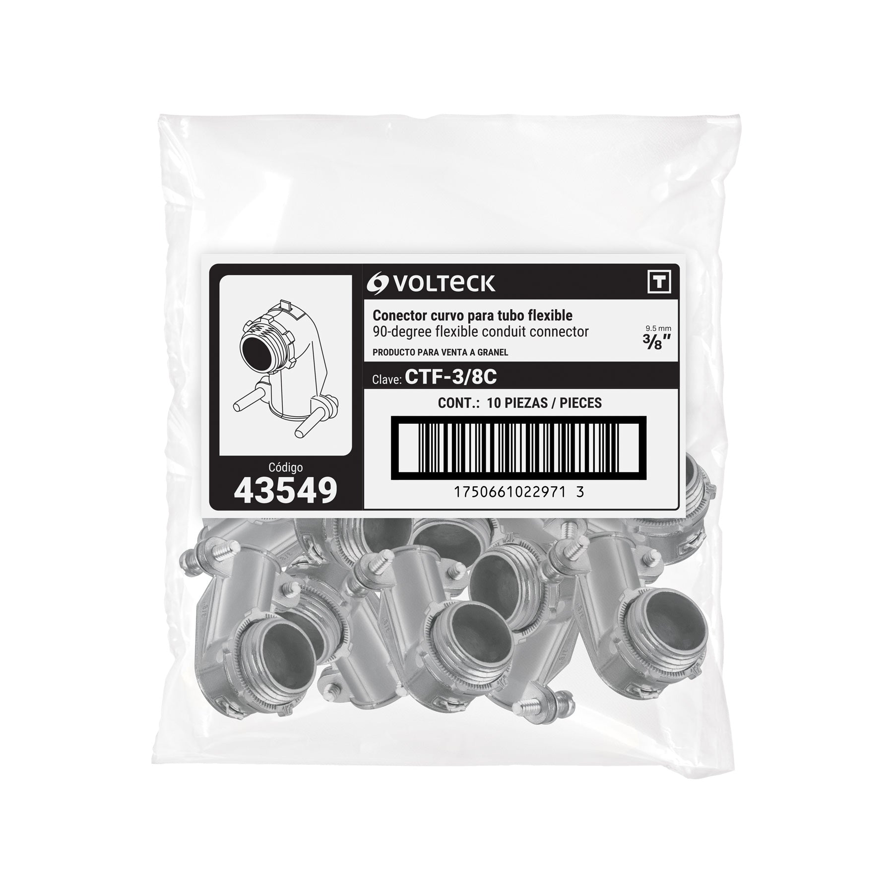 Conector curvo 3/8' para tubo flexible metálico, VOLTECK