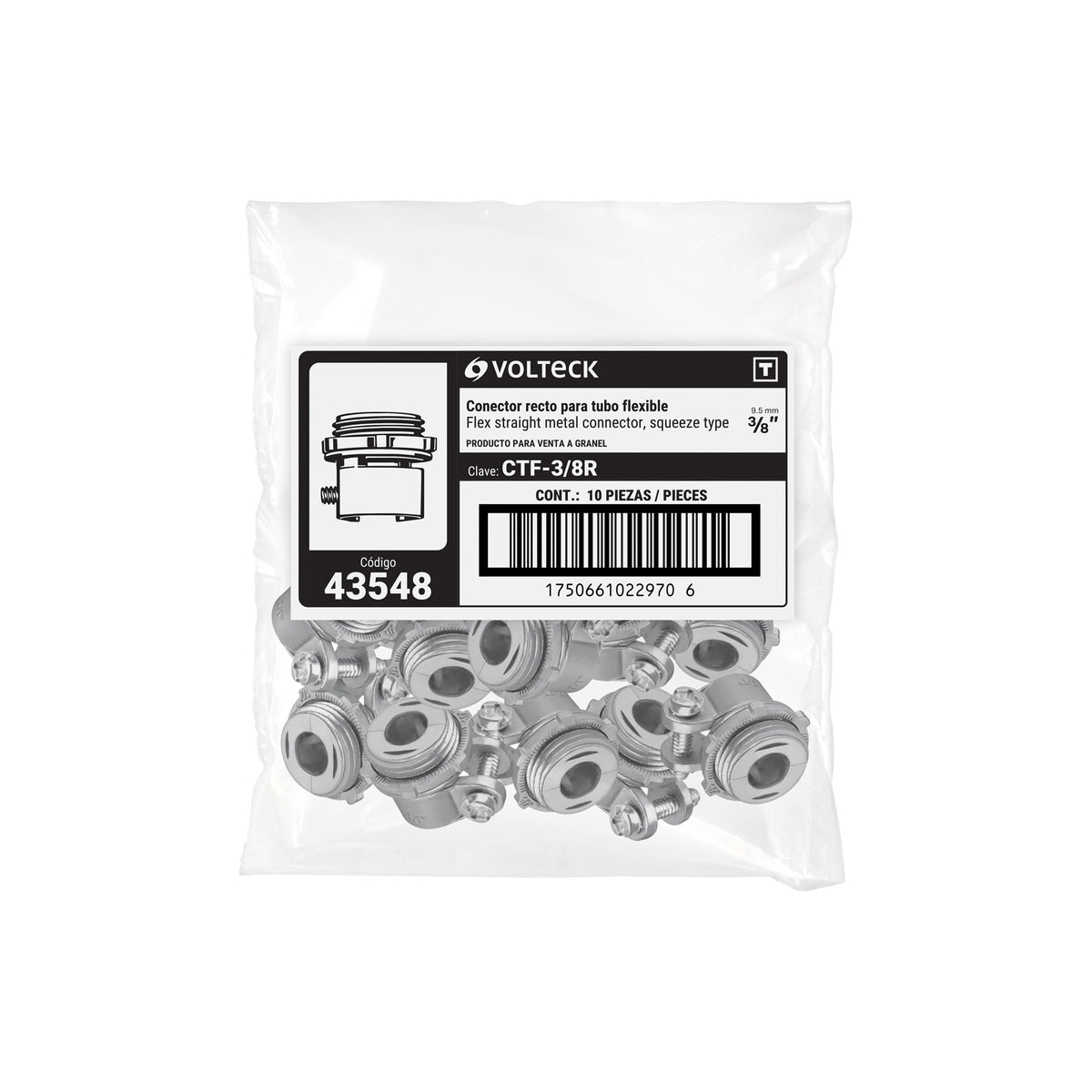 Conector recto 3/8' para tubo flexible metálico, VOLTECK