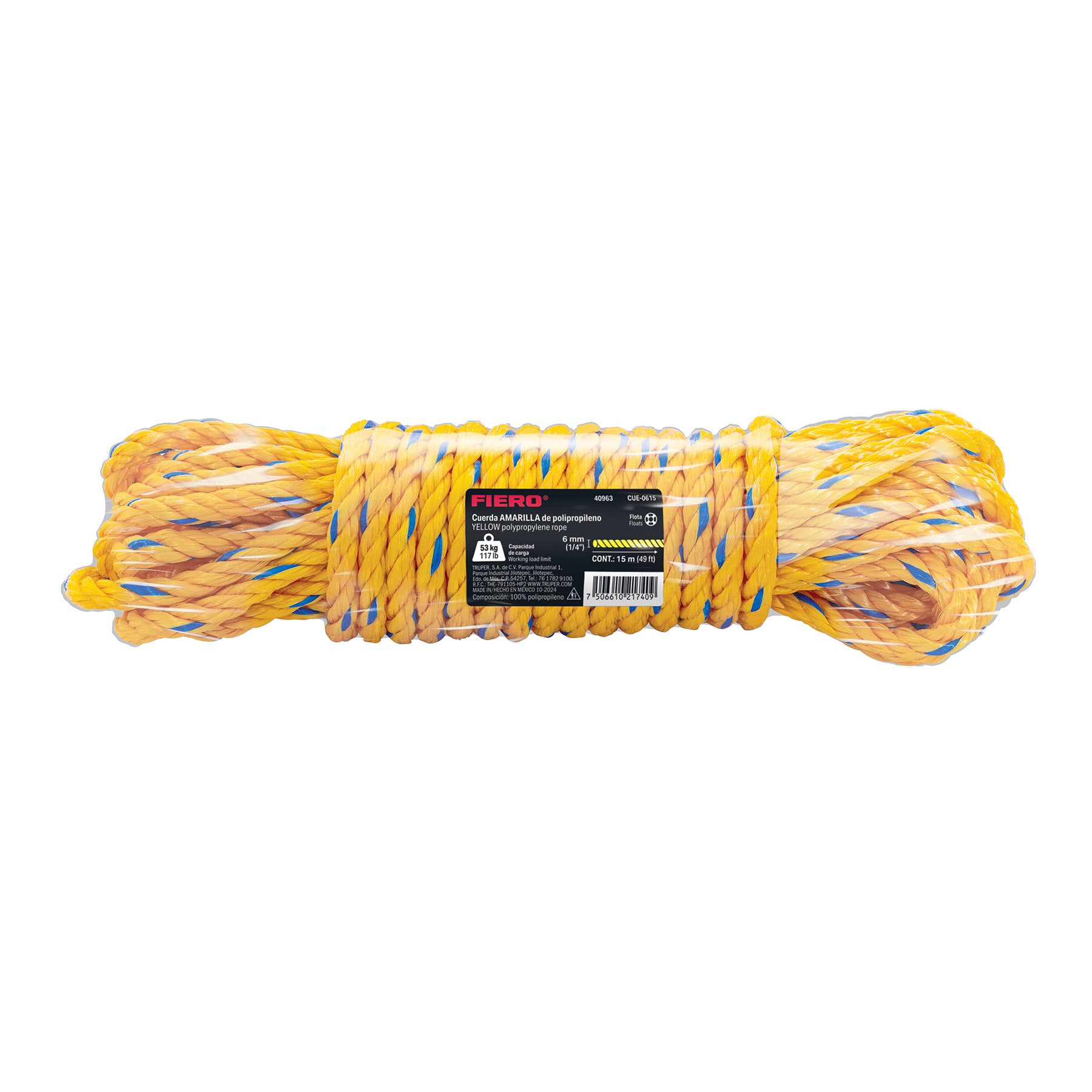 Madeja de cuerda amarilla de polipropileno 6mm, 15m, FIERO