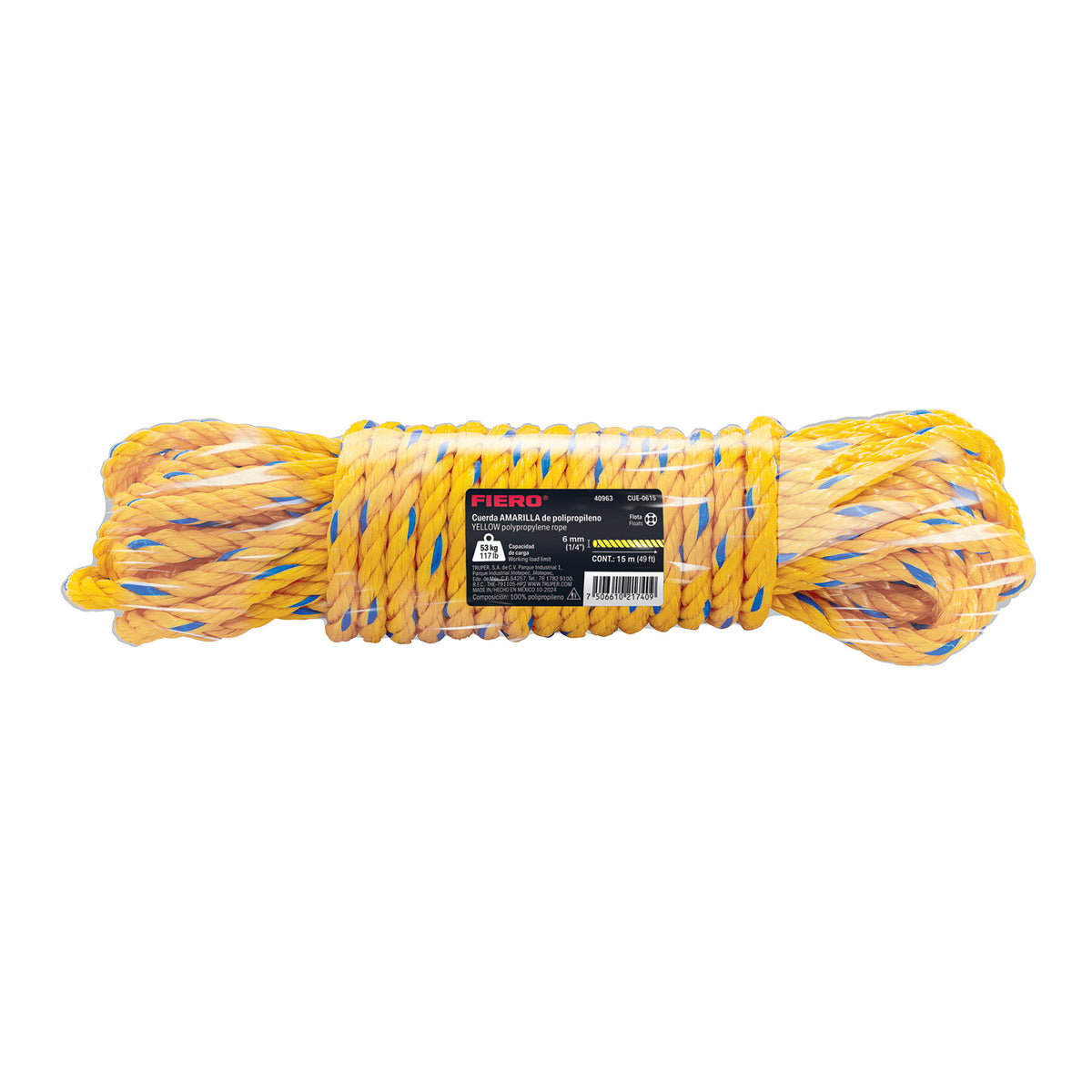 Madeja de cuerda amarilla de polipropileno 6mm, 15m, FIERO