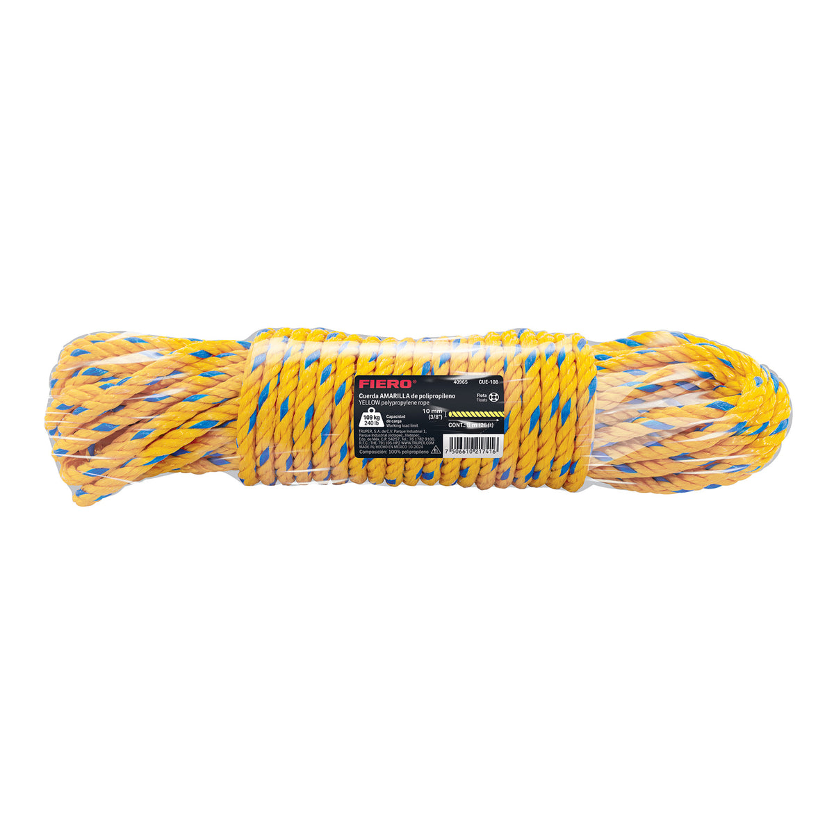 Madeja de cuerda amarilla de polipropileno 10mm, 8m, FIERO