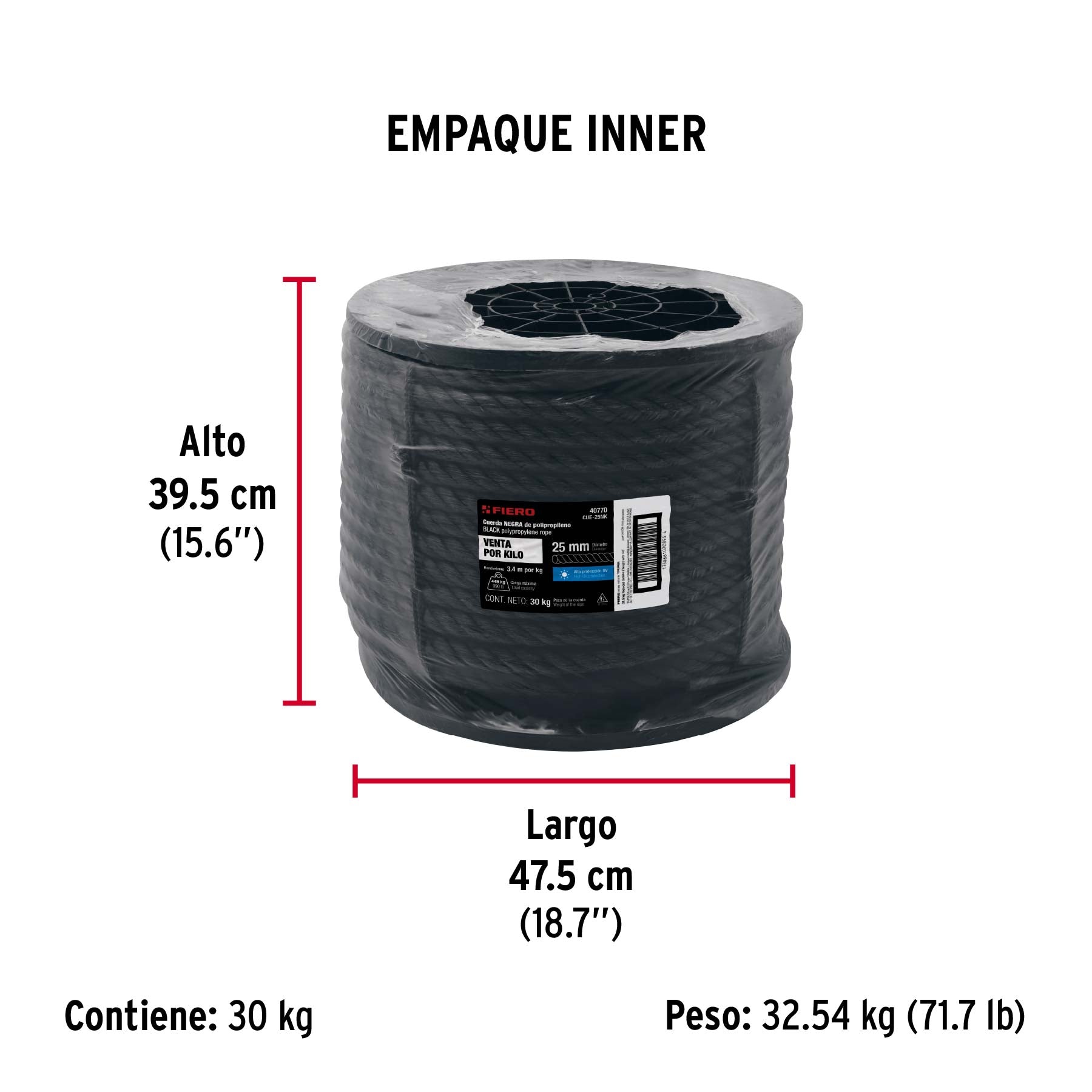 Kilo de cuerda negra de polipropileno 25 mm, carrete 30kg