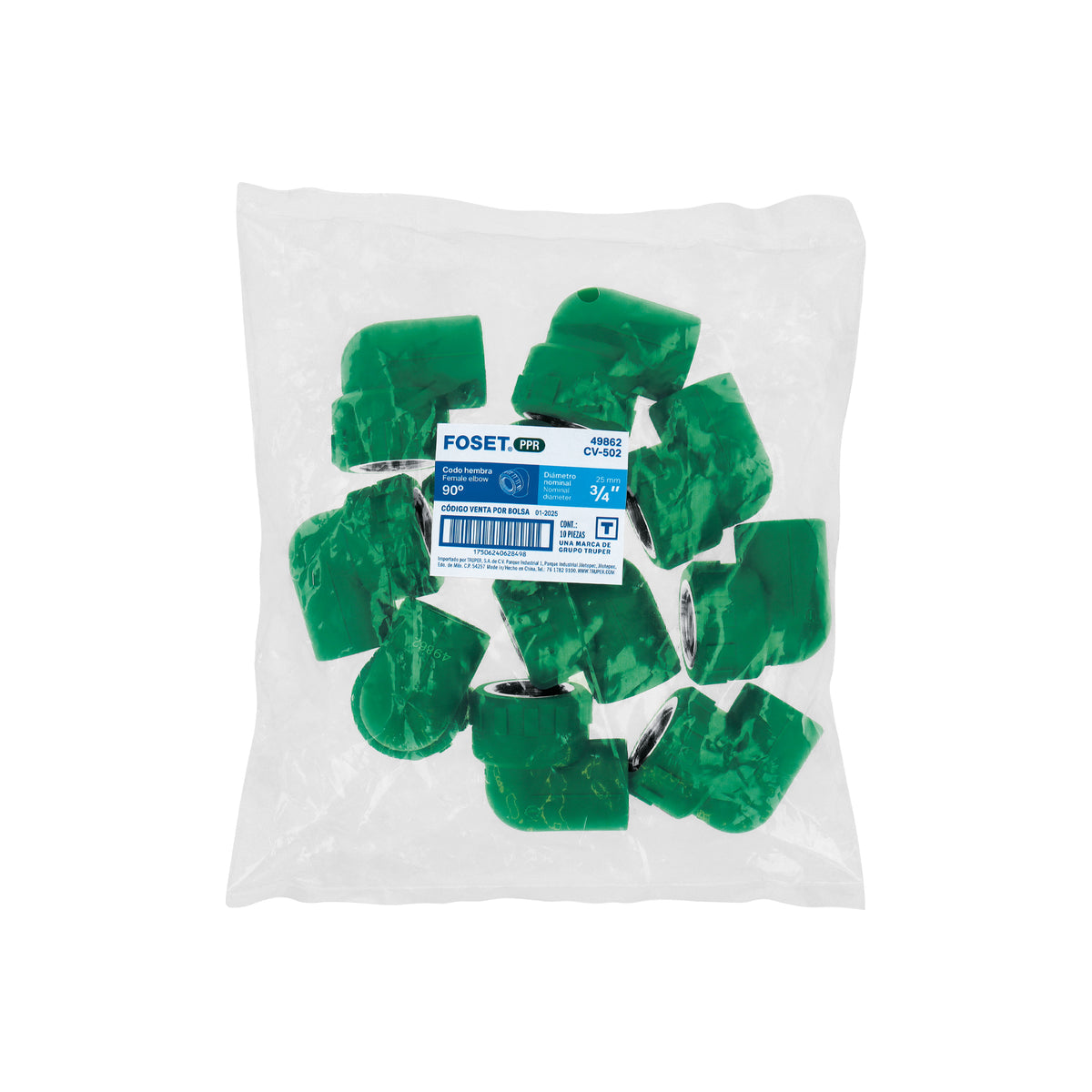 Codo 90° de PPR, 3/4", 25mm, hembra