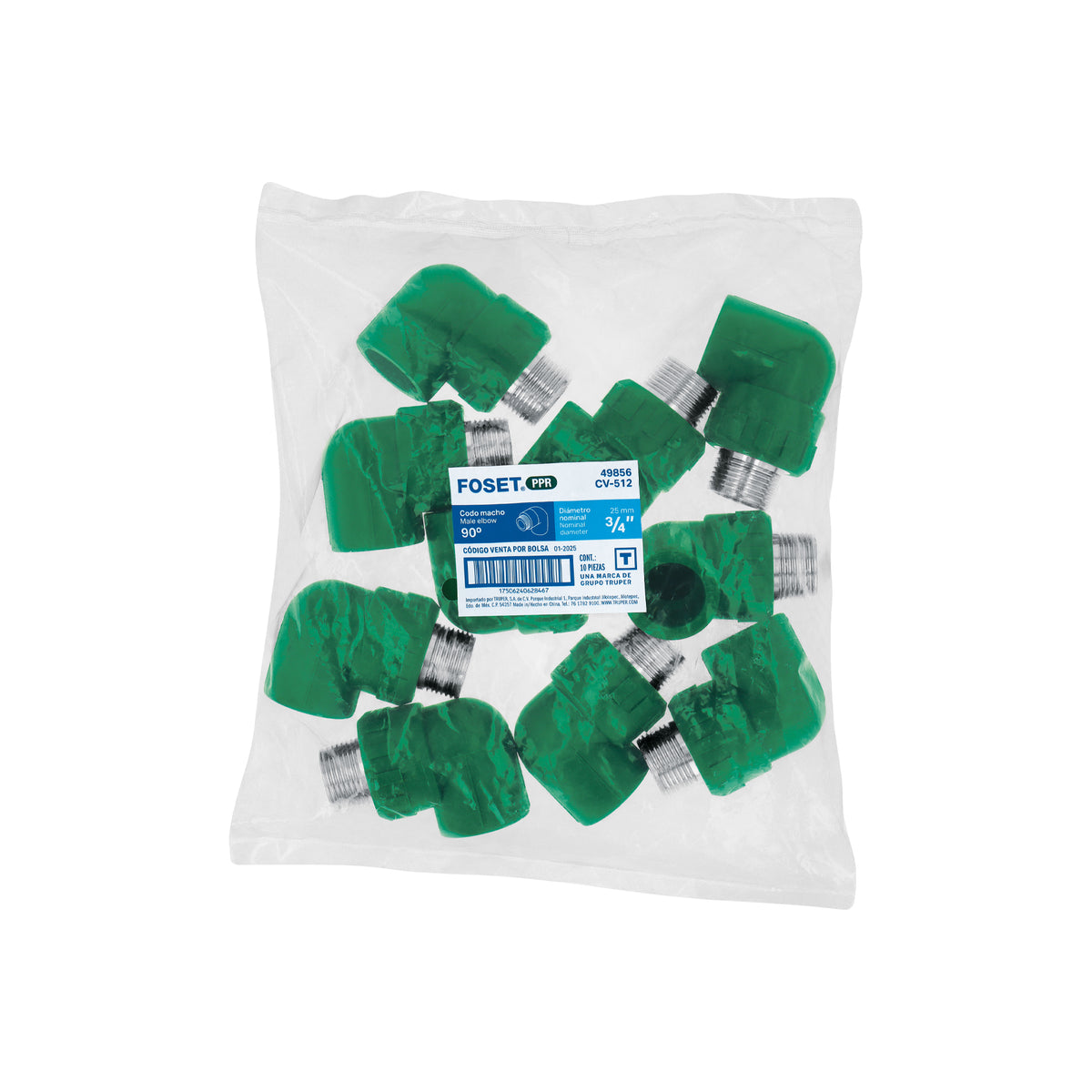 Codo 90° de PPR, 3/4", 25mm, macho