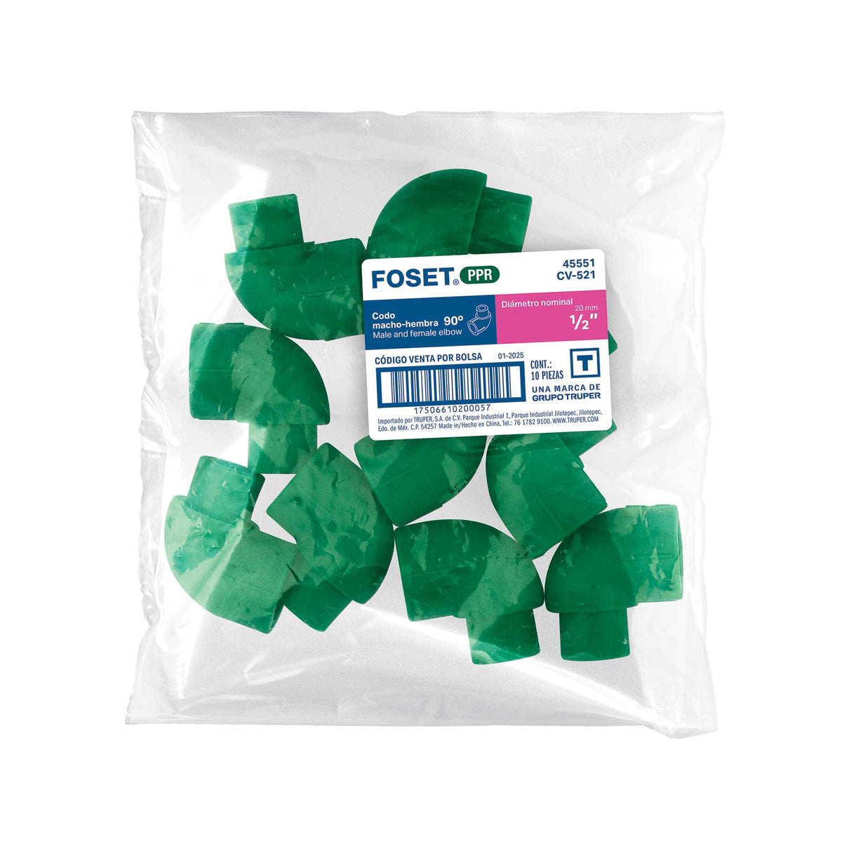 Codo 90° PPR, 1/2', macho-hembra, Foset