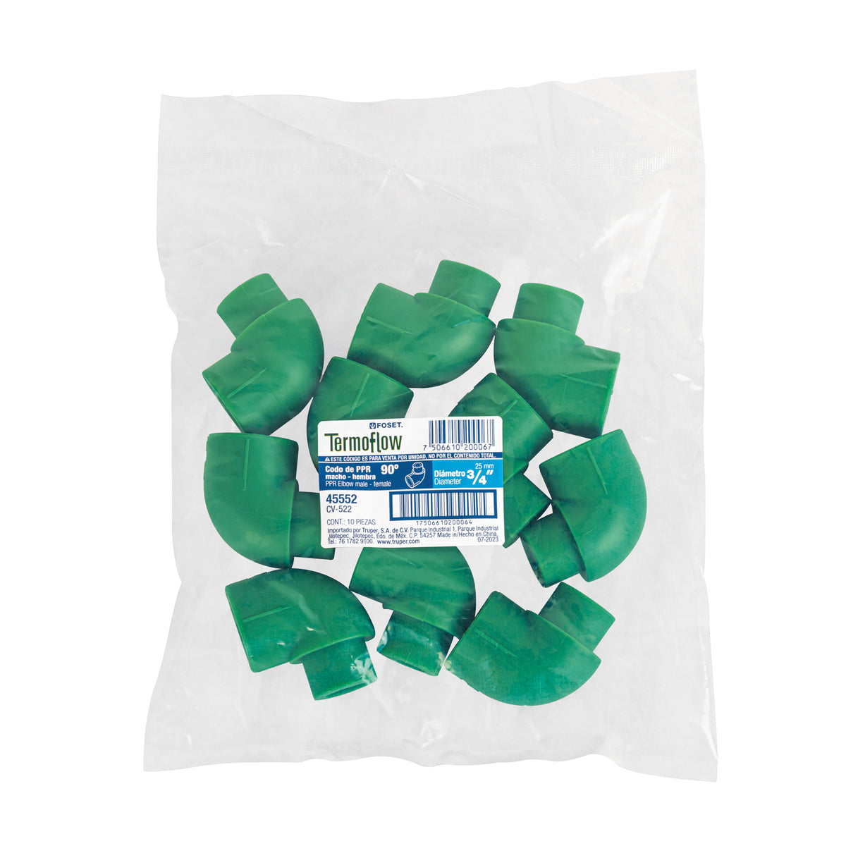 Codo 90° PPR, 3/4', macho-hembra, Foset
