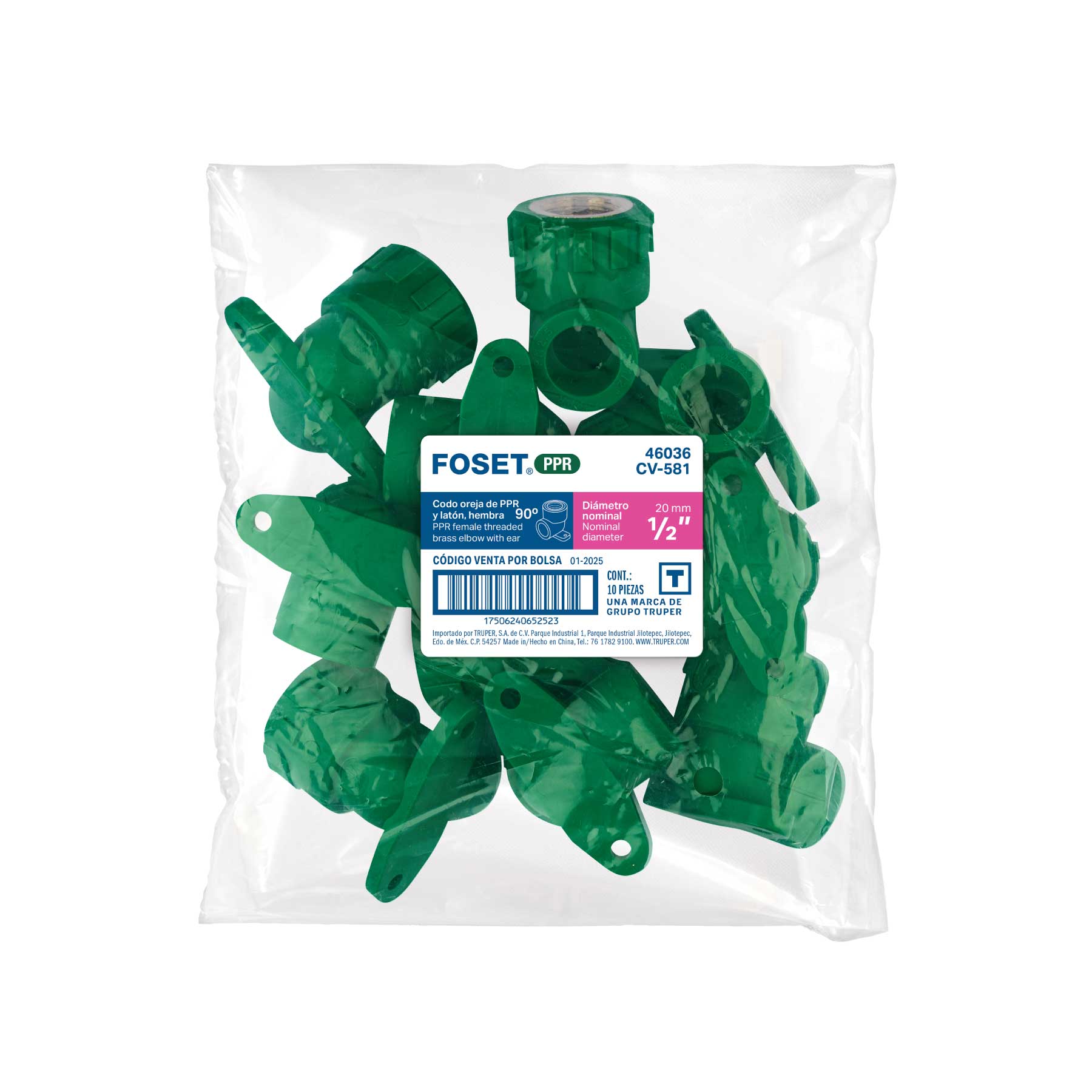 Codo oreja 90° de PPR, 1/2", hembra con inserto