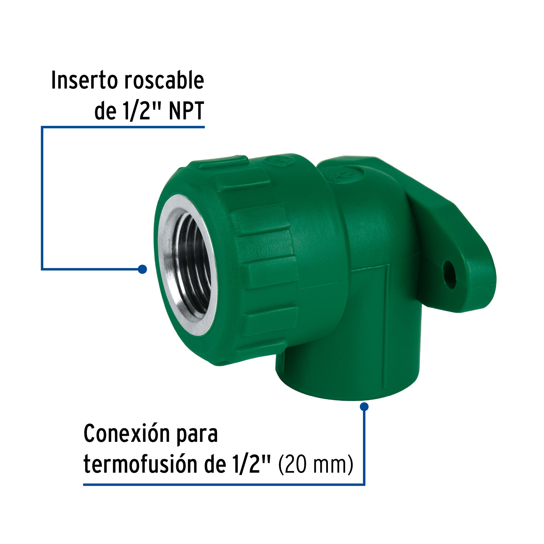 Codo oreja 90° de PPR, 1/2", hembra con inserto