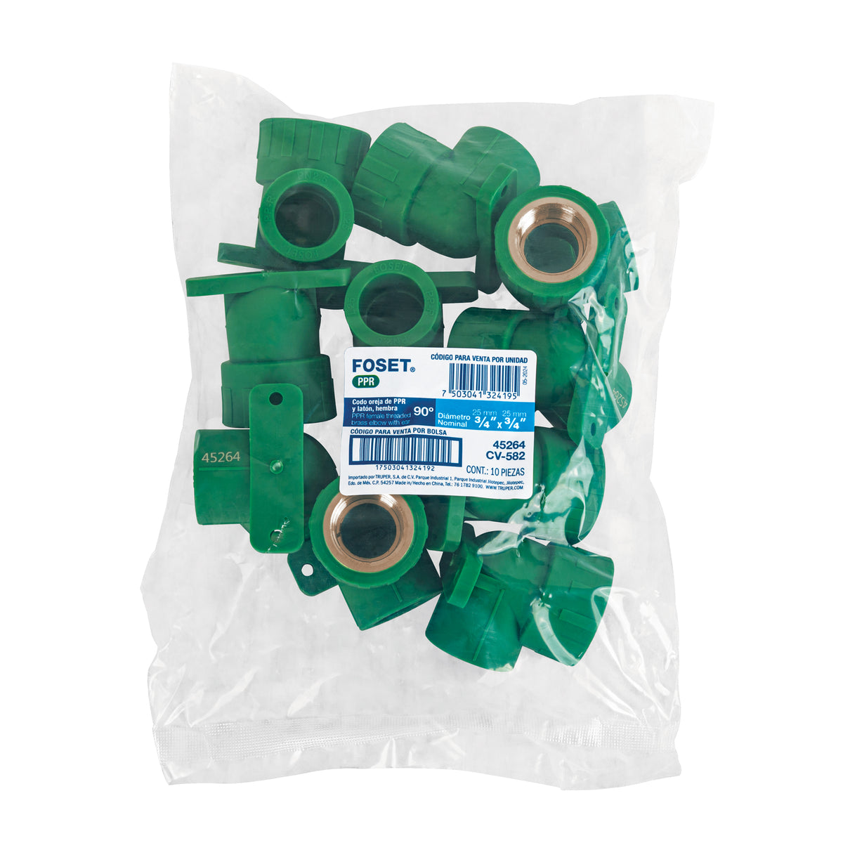 Codo oreja 90° PPR, 3/4', hembra con inserto metálico, Foset