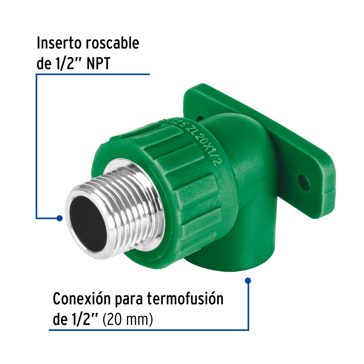 Codo oreja 90° PPR, 1/2', macho con inserto metálico, Foset