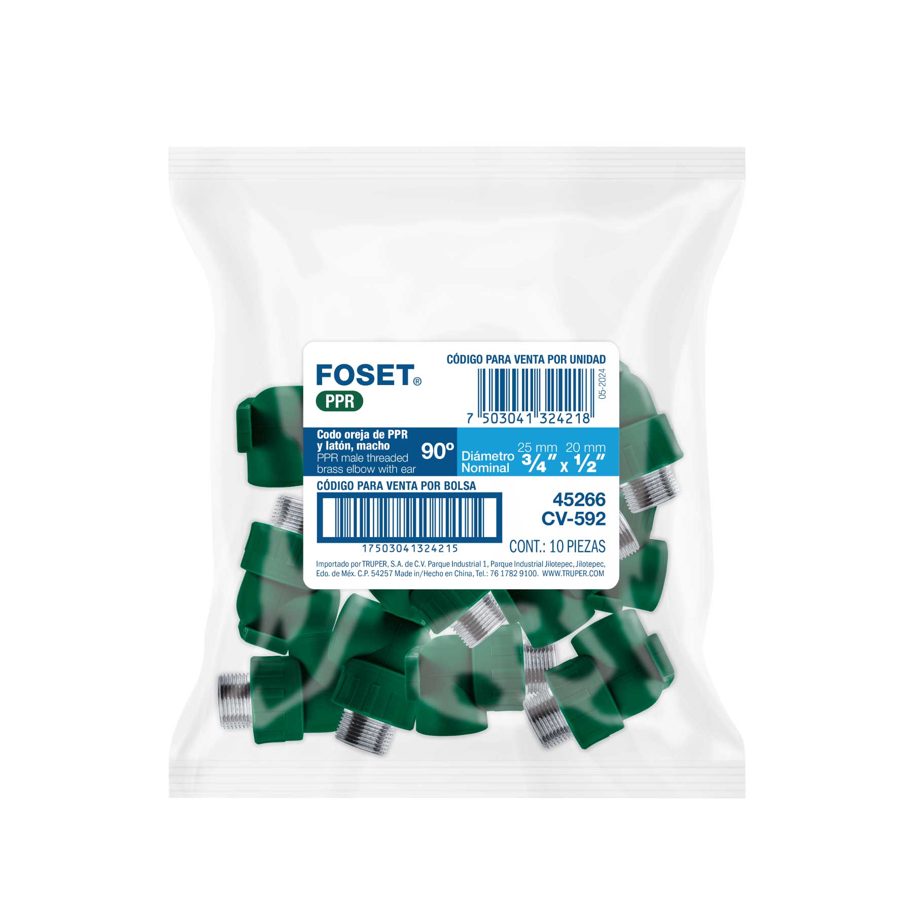 Codo oreja 90° PPR, 3/4', macho con inserto metálico, Foset