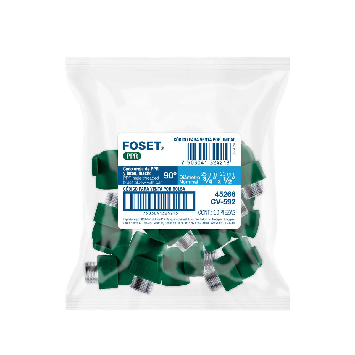 Codo oreja 90° PPR, 3/4', macho con inserto metálico, Foset