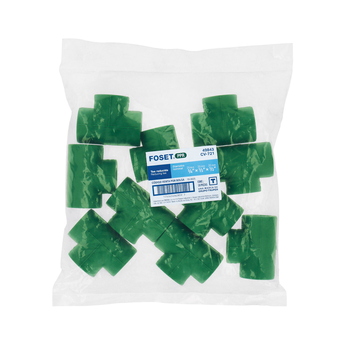 Tee de PPR reducida, 3/4"x1/2"X1/2", 25x20x20mm