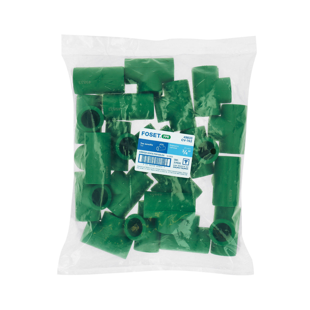 Tee de PPR sencilla, 3/4", 25mm