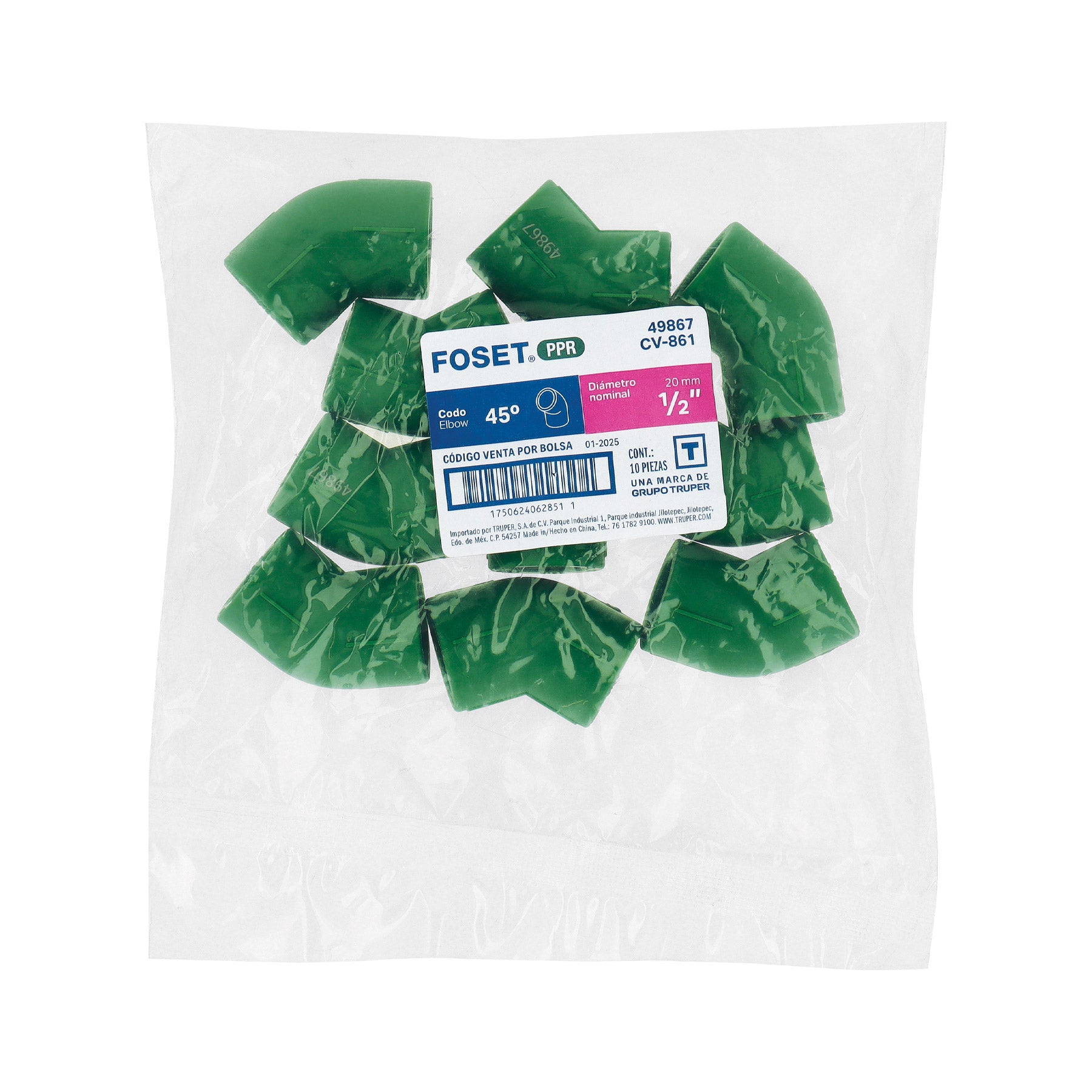 Codo 45° de PPR, 1/2", 20mm