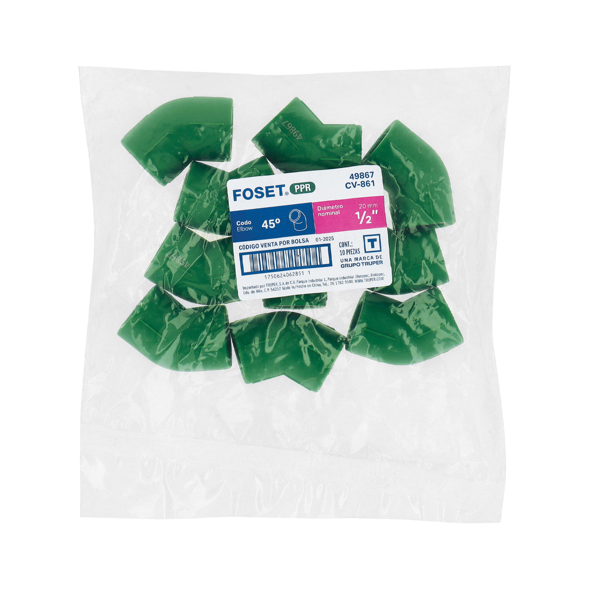 Codo 45° de PPR, 1/2", 20mm