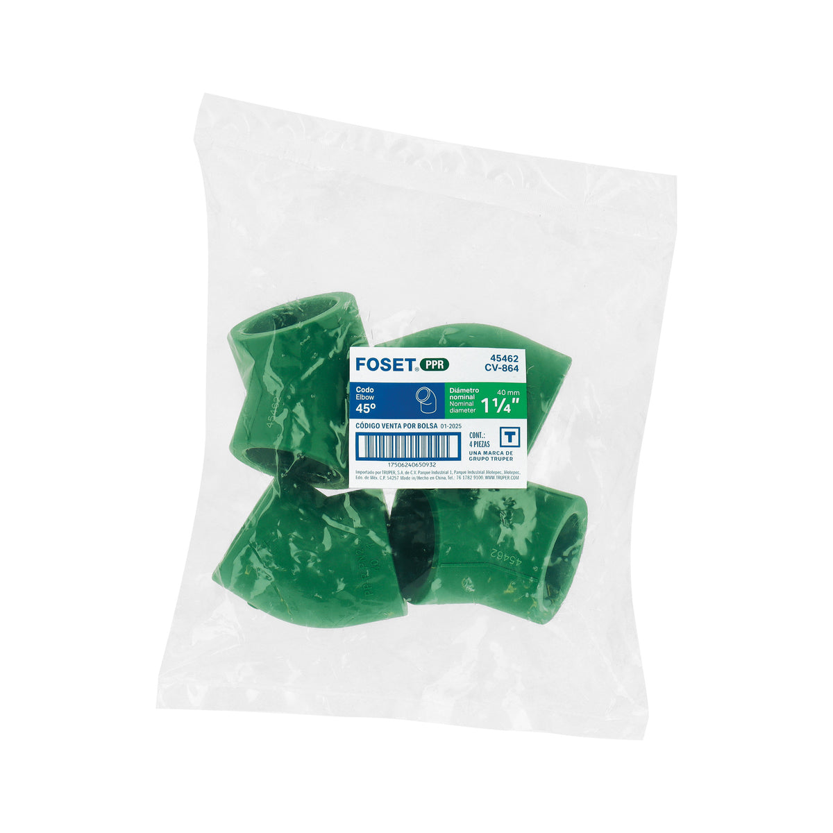 Codo 45° de PPR, 1-1/4", 40mm