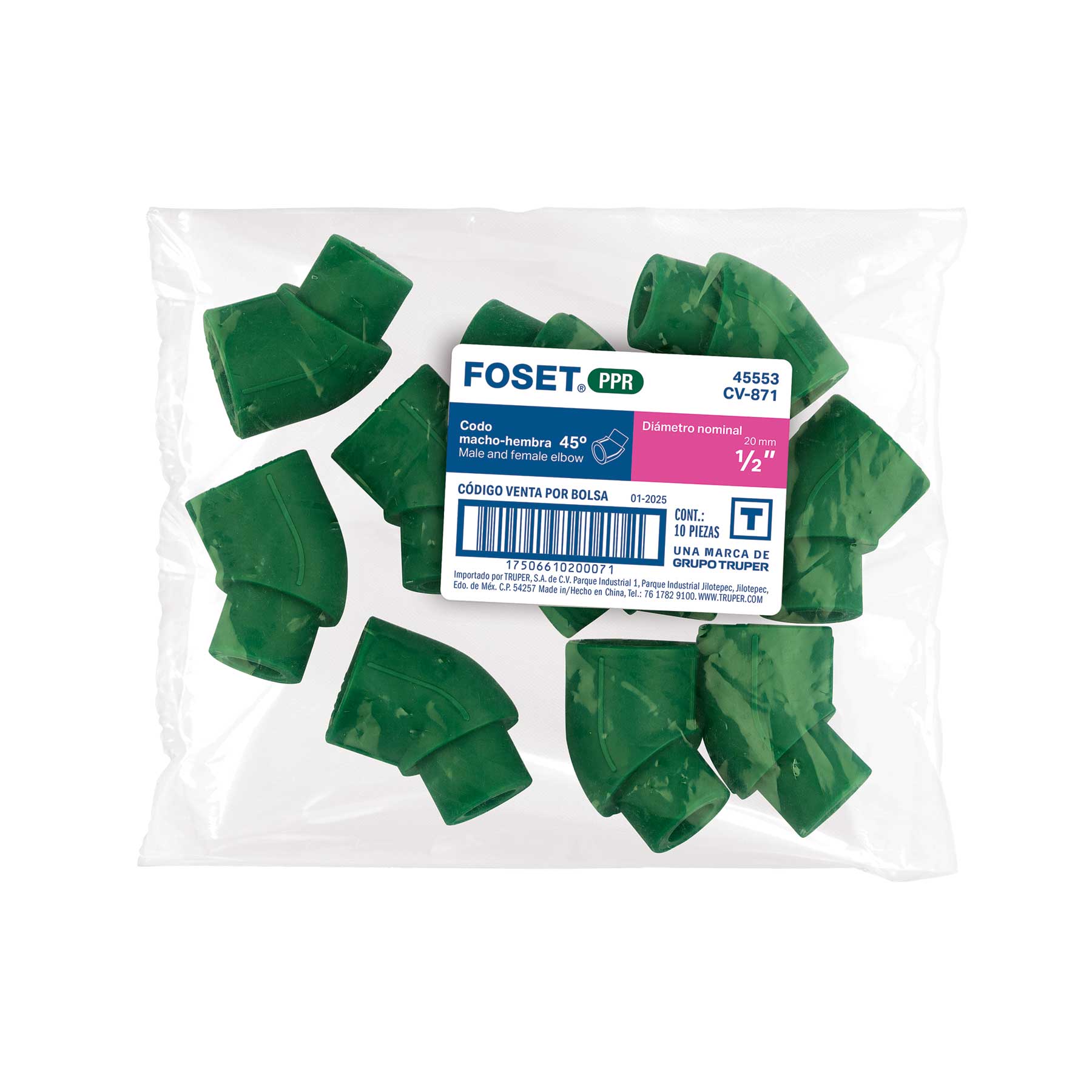 Codo 45° PPR, 1/2', macho-hembra, Foset
