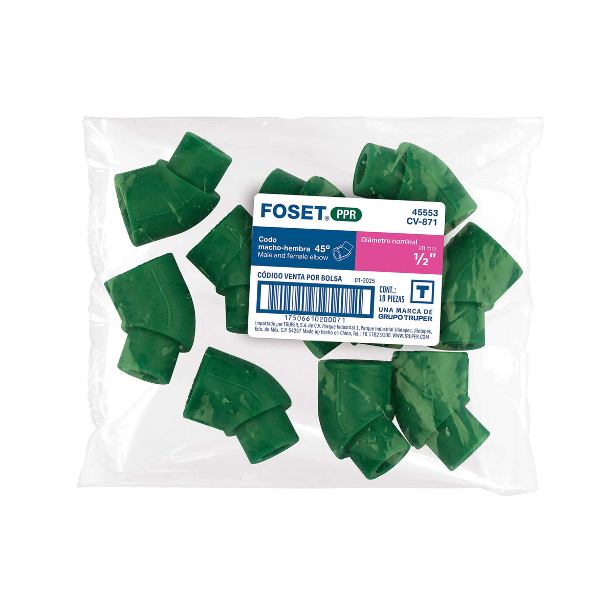 Codo 45° PPR, 1/2', macho-hembra, Foset