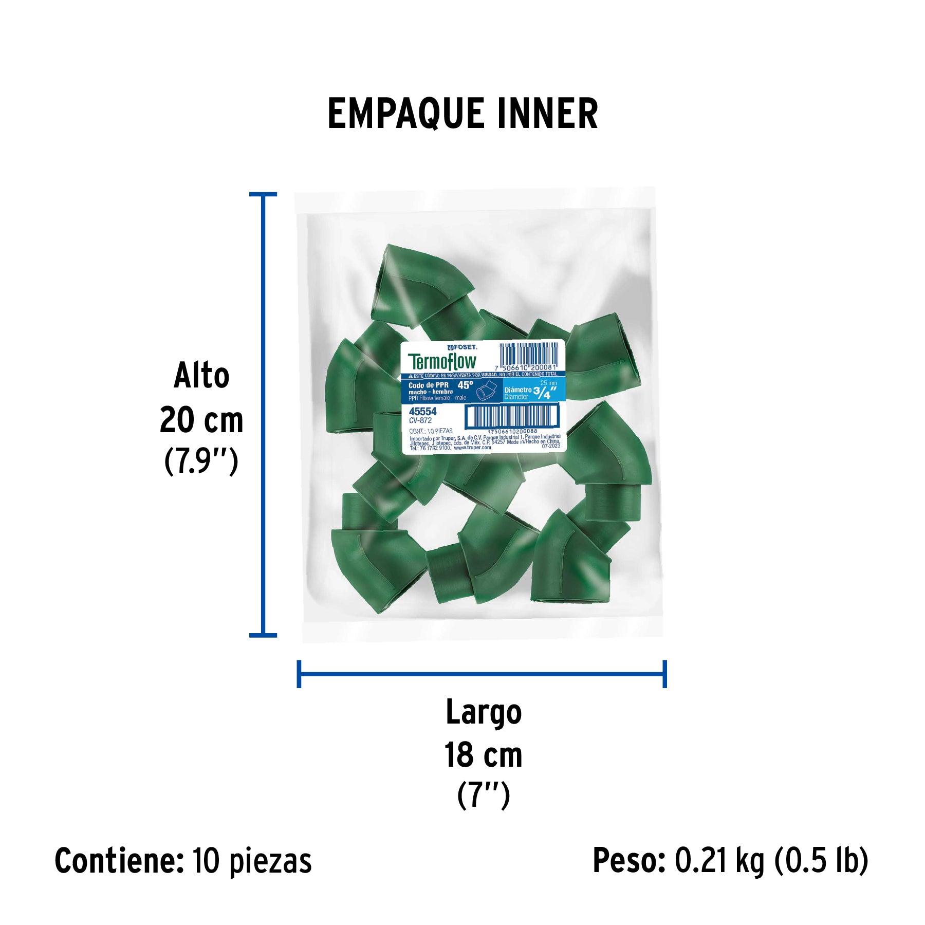 Codo 45° PPR, 3/4', macho-hembra, Foset