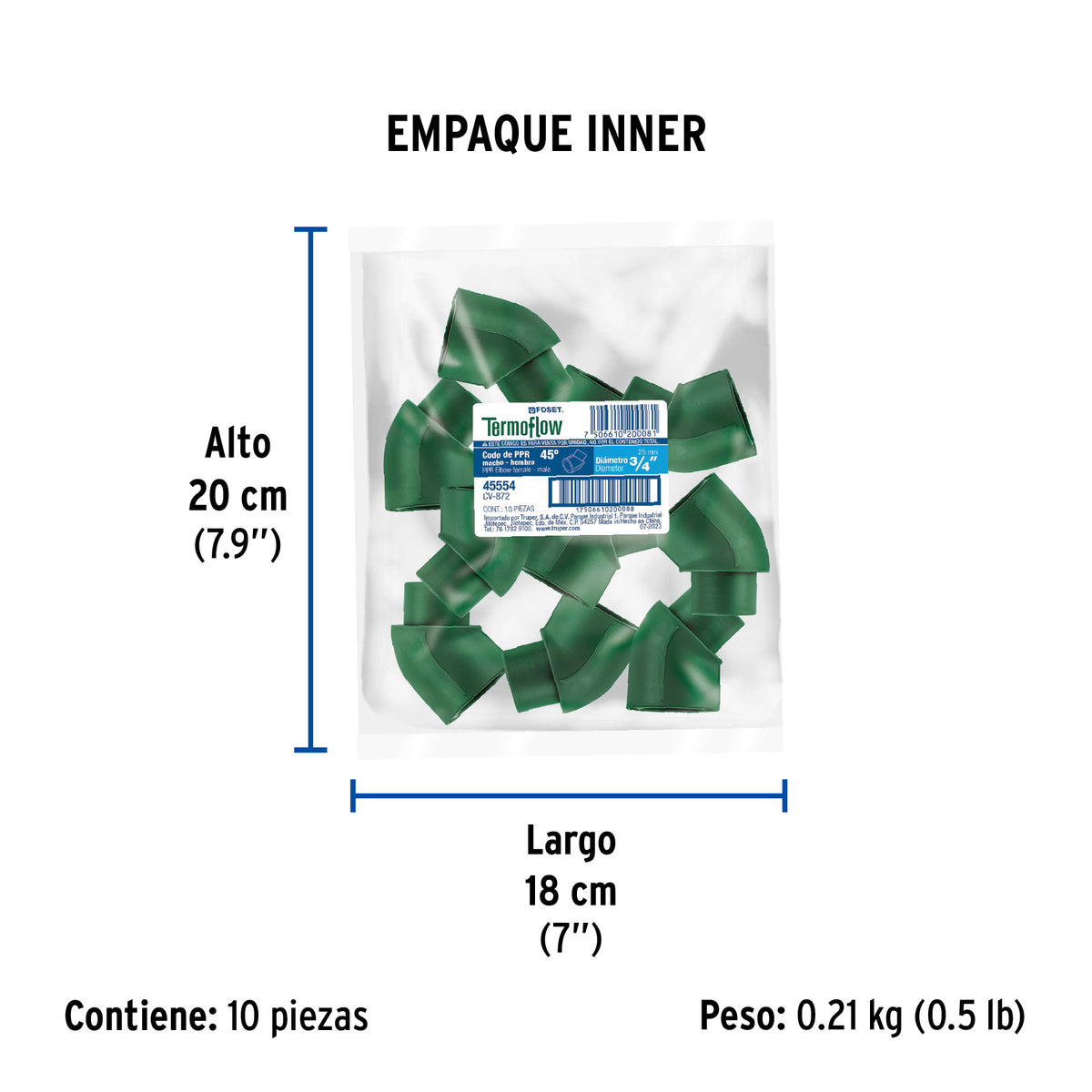 Codo 45° PPR, 3/4', macho-hembra, Foset