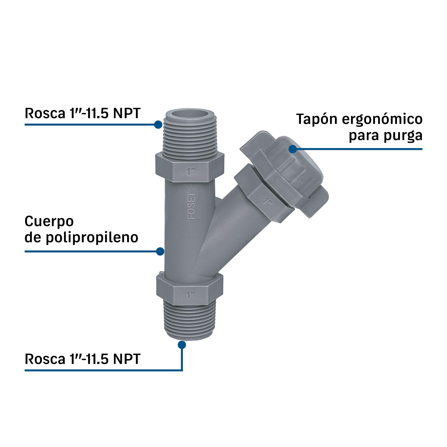Conector Yee de polipropileno de 1' para bomba p/agua, FOSET