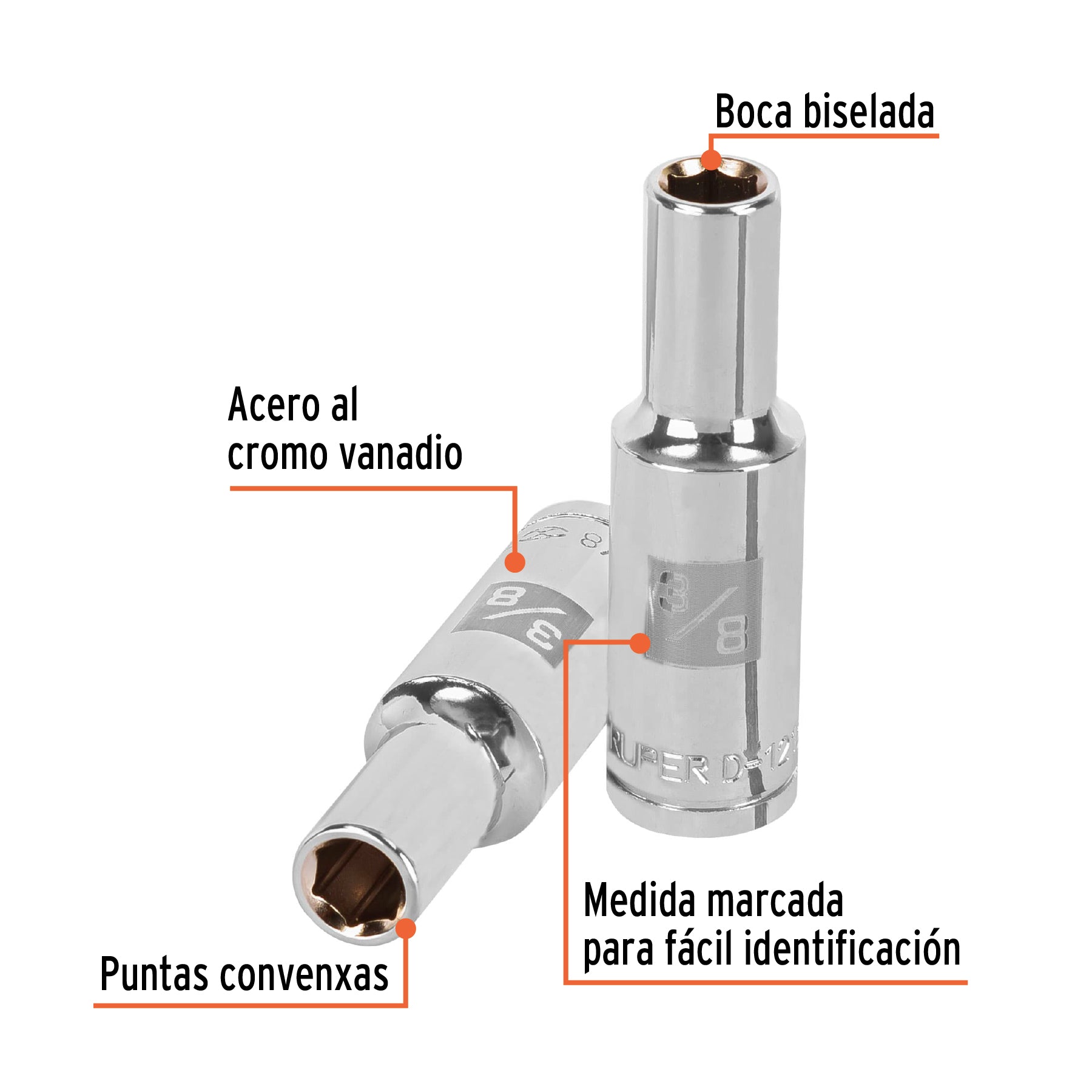 Dado de 6 puntas, largo, cuadro 1/2" de 3/8"