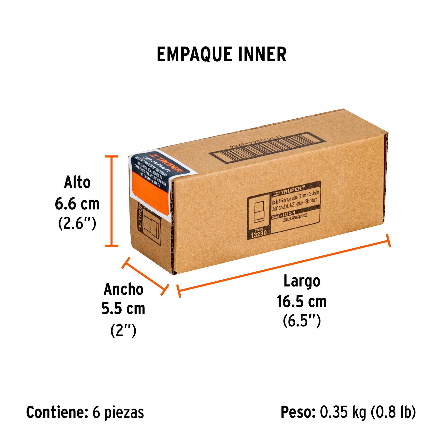 Dado de 6 puntas, cuadro 1/2" de 3/8"