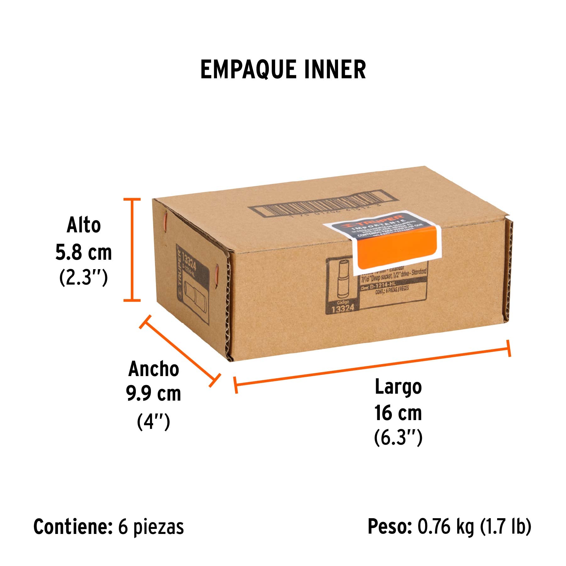 Dado de 6 puntas, largo, cuadro 1/2" de 7/16"