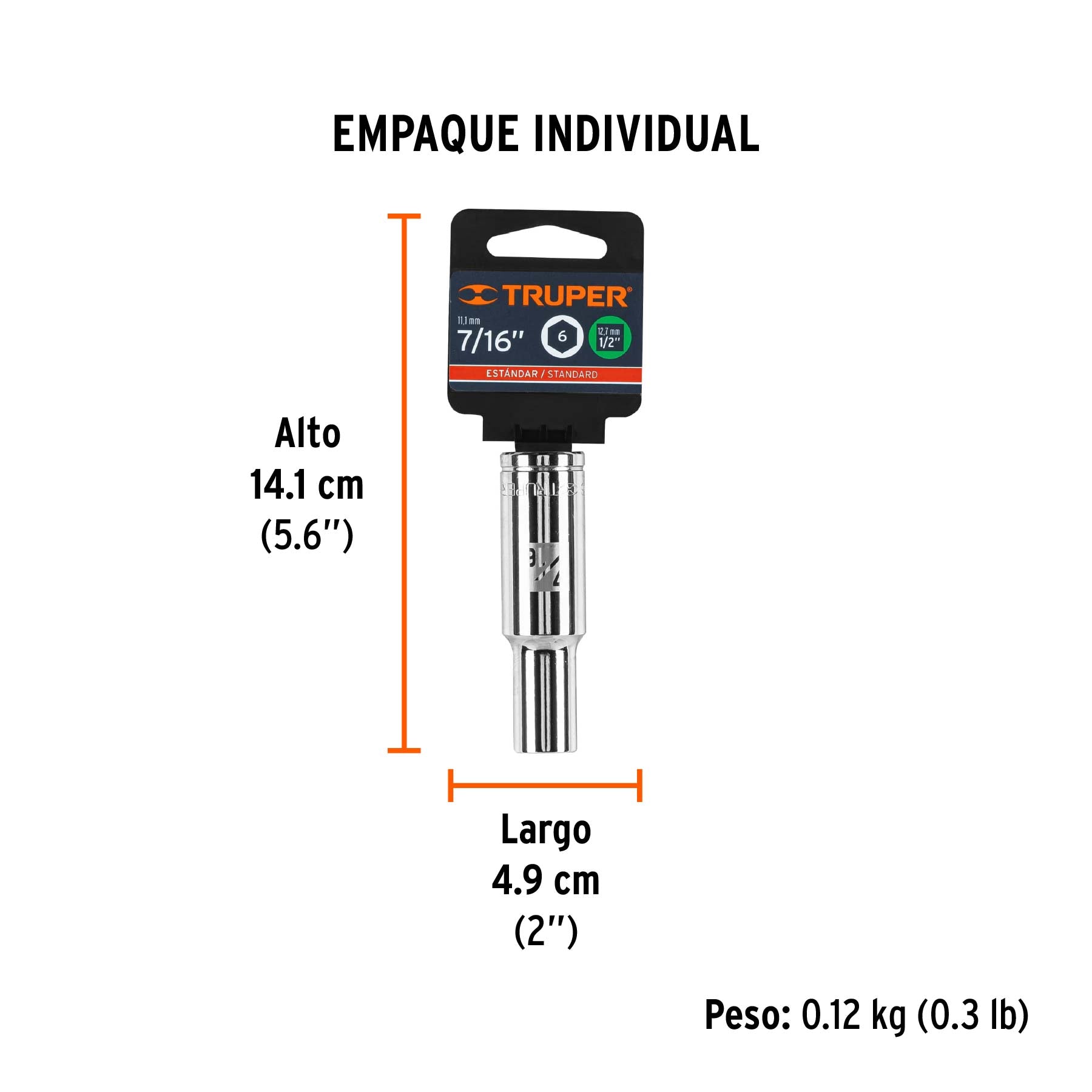 Dado de 6 puntas, largo, cuadro 1/2" de 7/16"