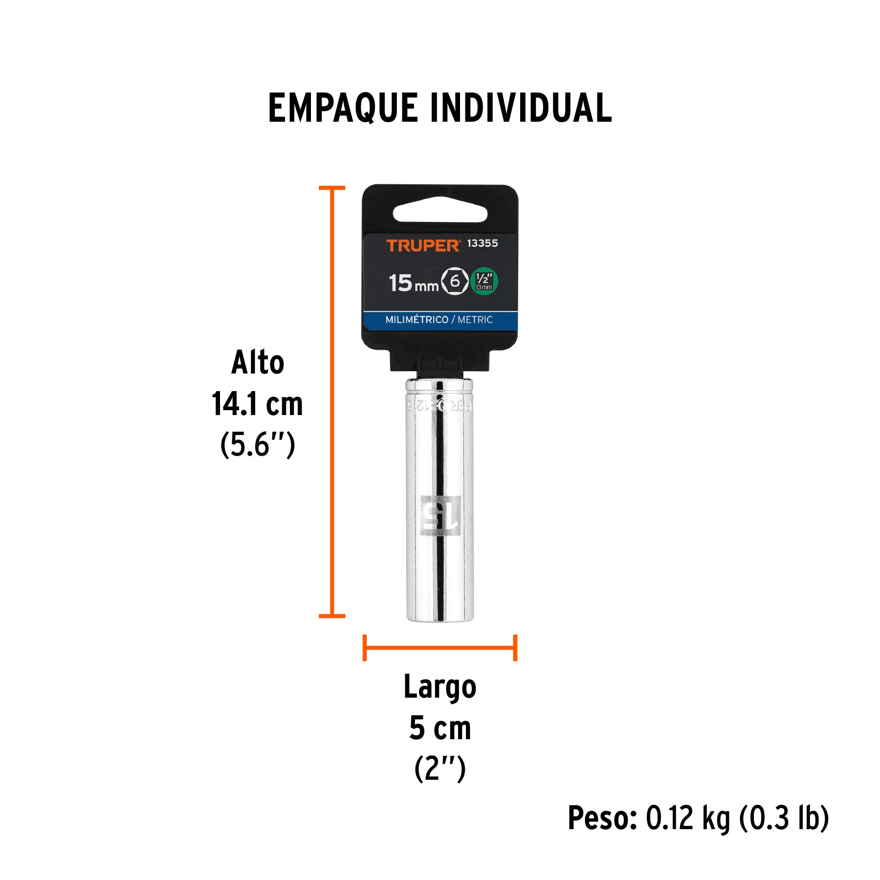 Dado de 6 puntas, cuadro 1/2" de 15mm..