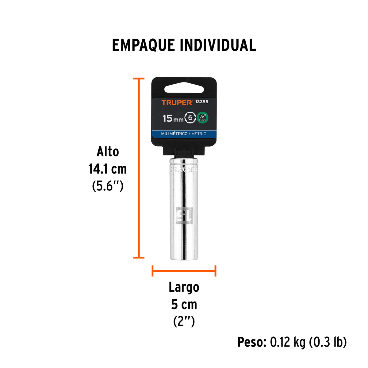 Dado de 6 puntas, cuadro 1/2" de 15mm..
