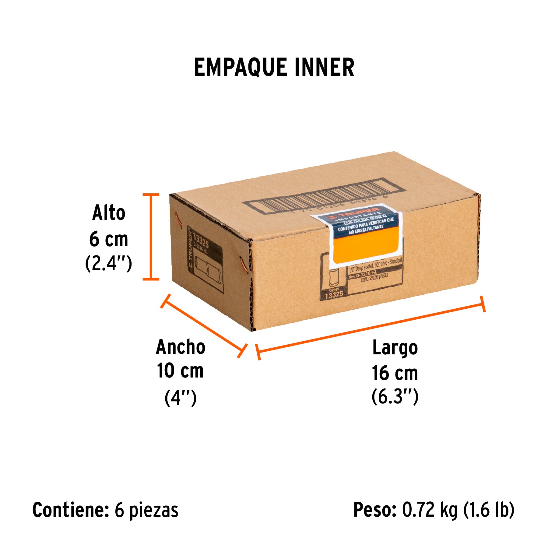 Dado de 6 puntas, largo, cuadro 1/2" de 1/2"