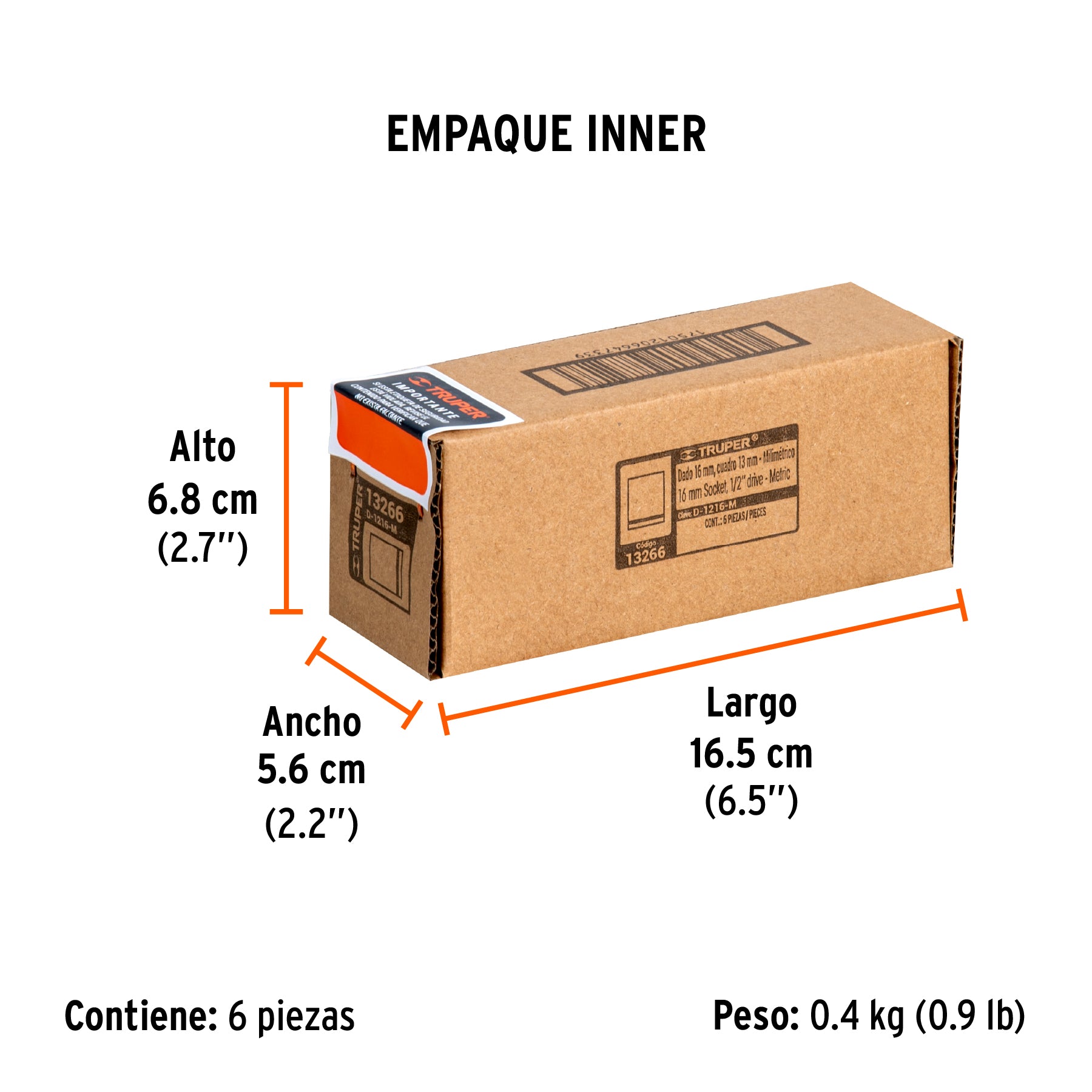 Dado de 6 puntas, cuadro 1/2" de 16mm