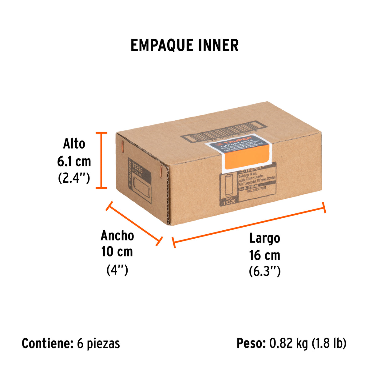 Dado de 6 puntas, largo, cuadro 1/2" de 9/16"