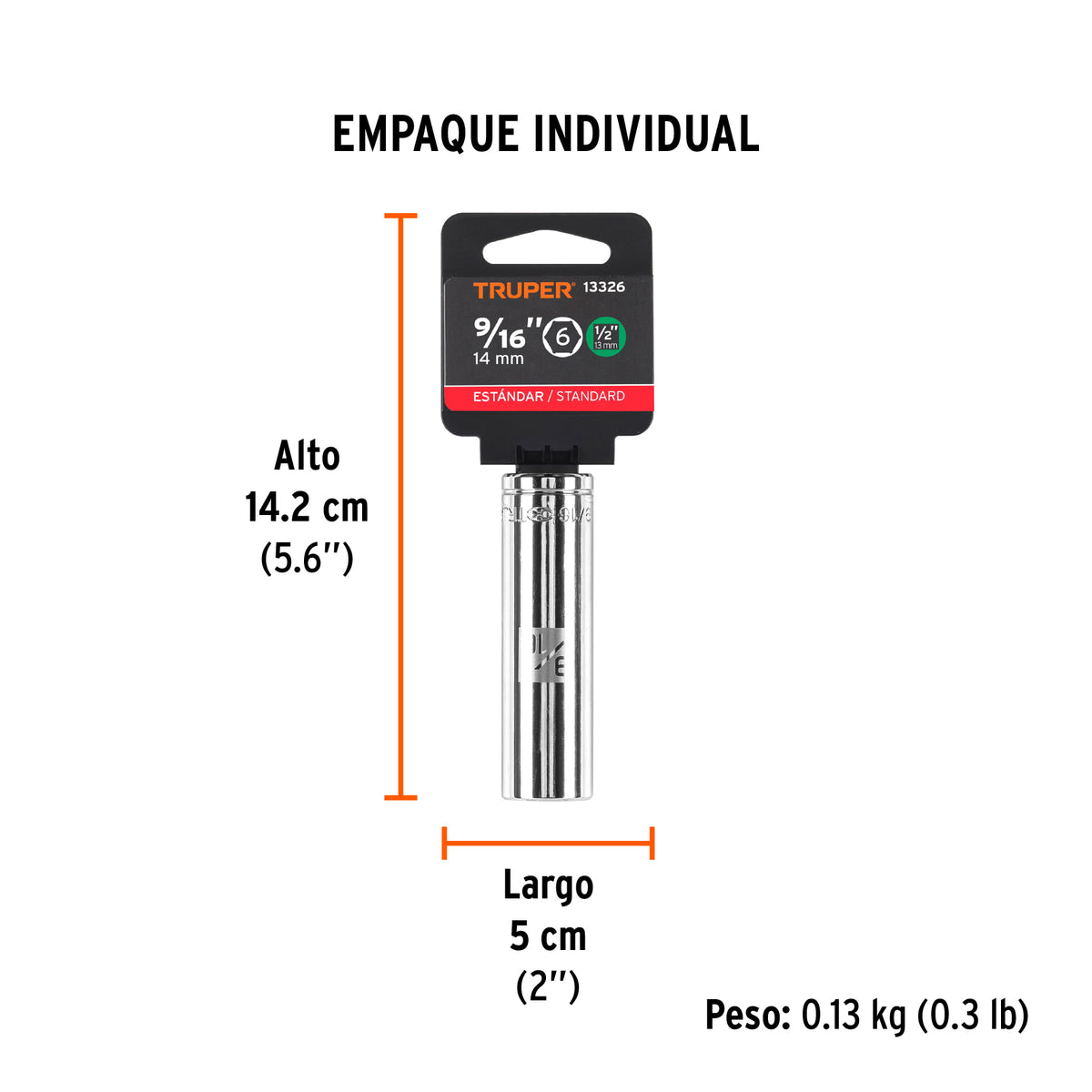 Dado de 6 puntas, largo, cuadro 1/2" de 9/16"