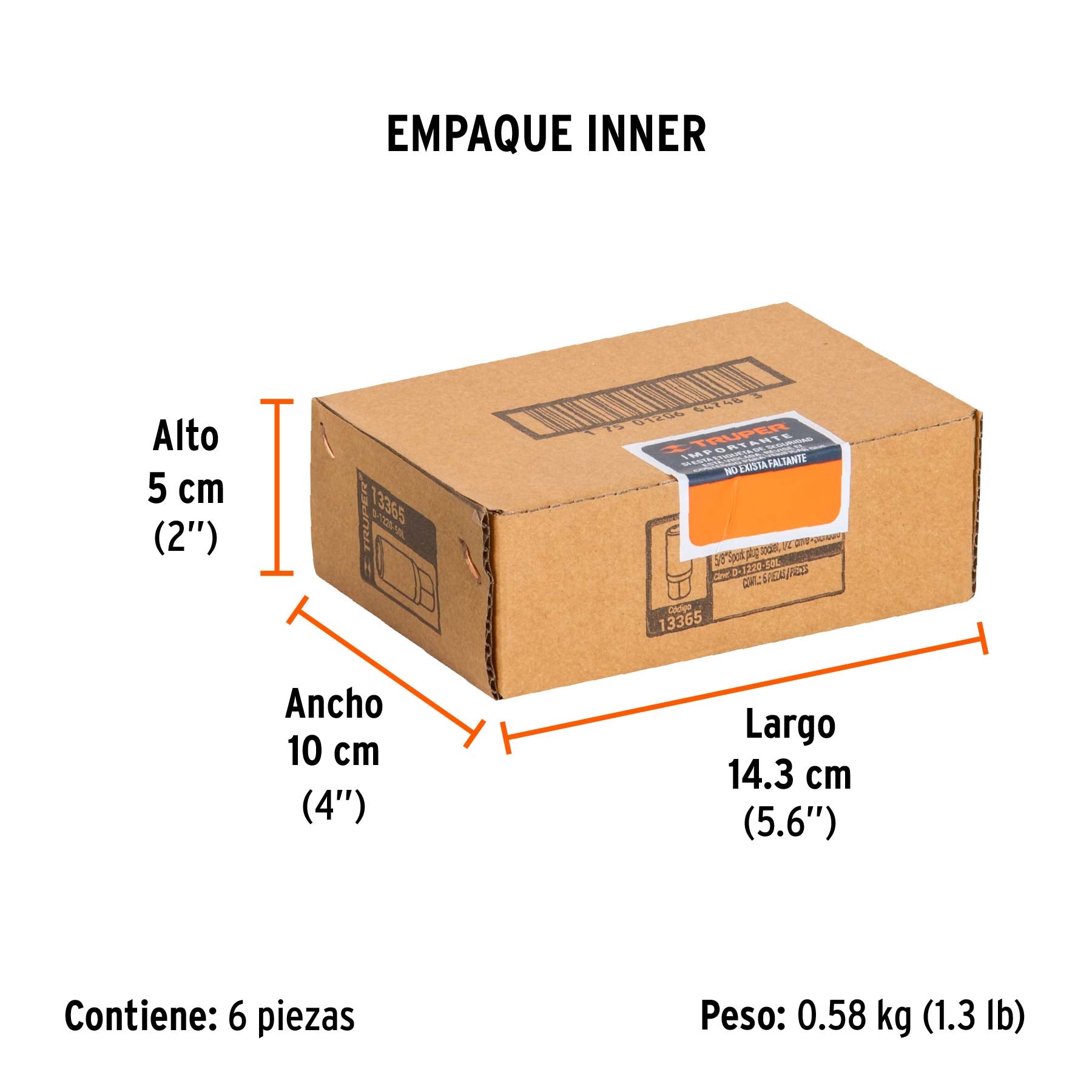Dado de 6 puntas largo para bujía cuadro 1/2" standard 5/8"