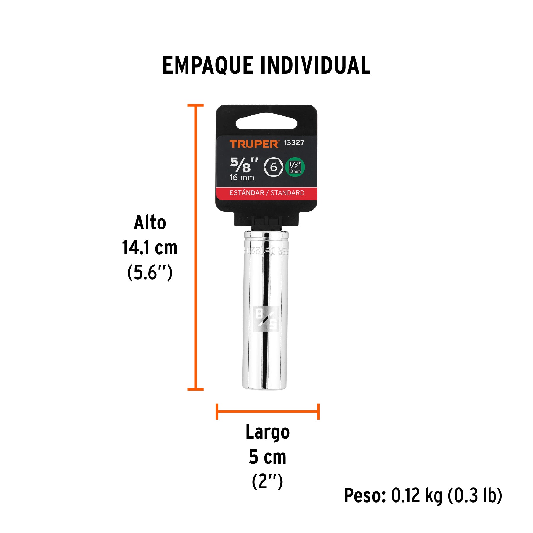 Dado de 6 puntas, largo, cuadro 1/2" de 5/8"