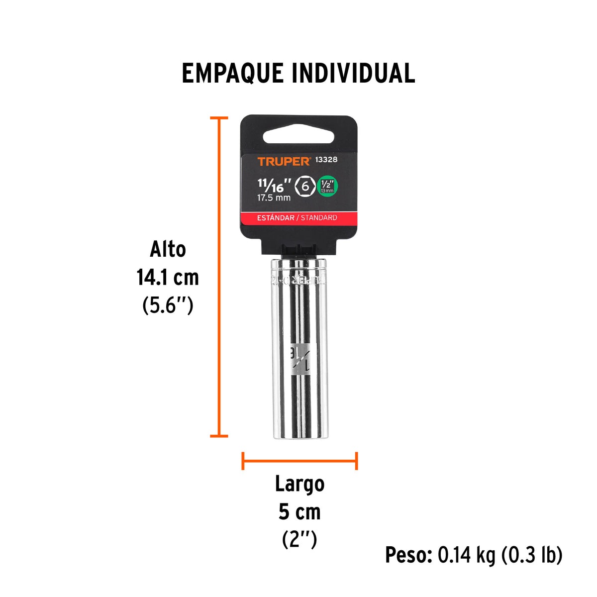Dado de 6 puntas, largo, cuadro 1/2" standard, de 11/16"