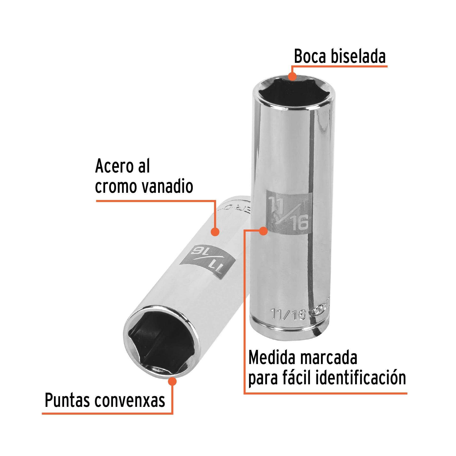 Dado de 6 puntas, largo, cuadro 1/2" standard, de 11/16"
