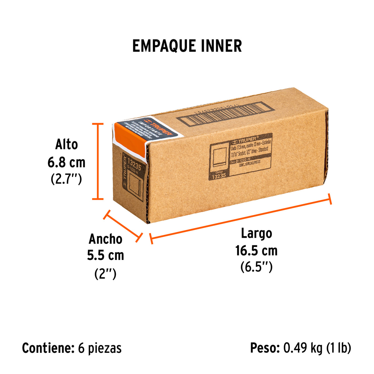 Dado de 6 puntas, cuadro 1/2" de 11/16"