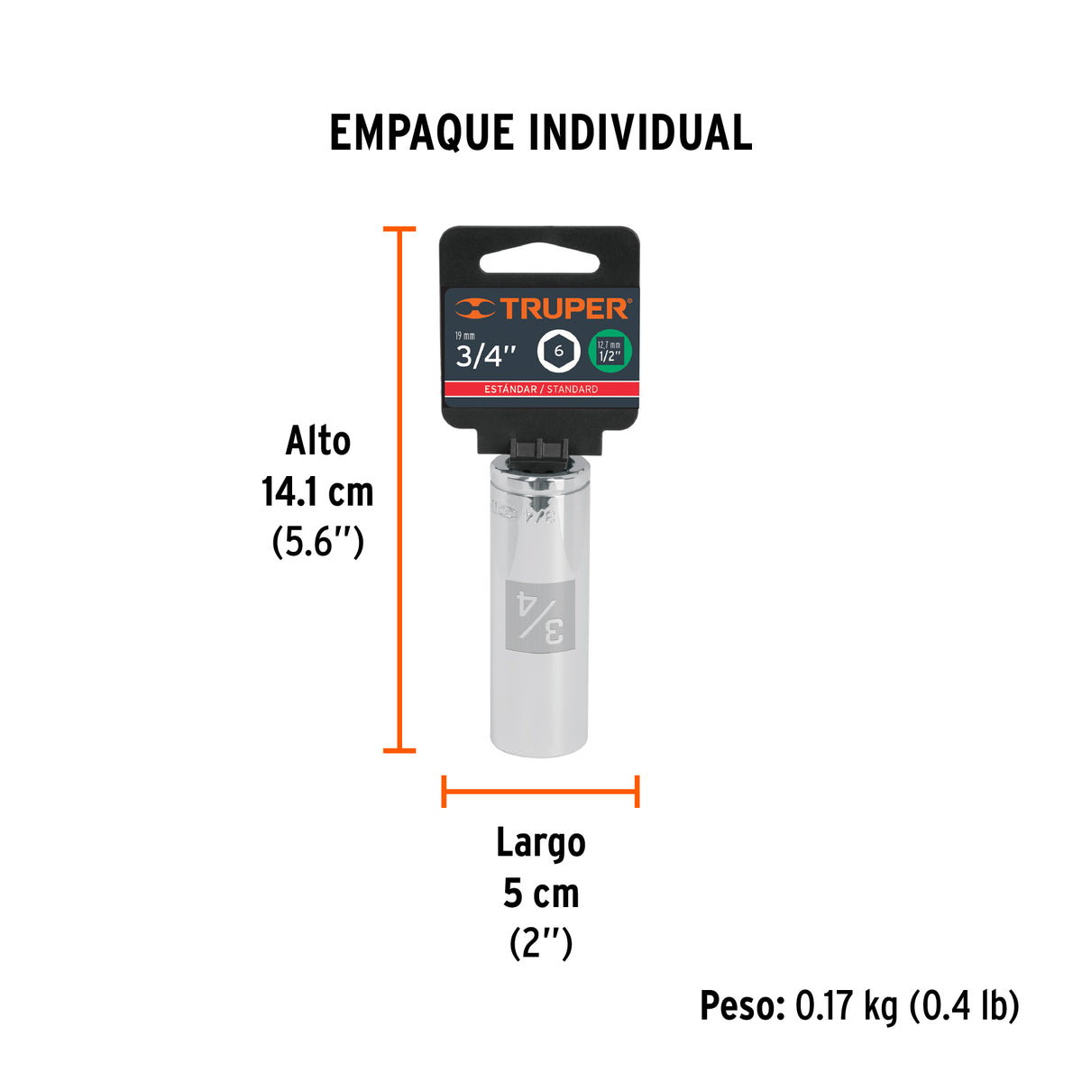Dado de 6 puntas, largo, cuadro 1/2" de 3/4"