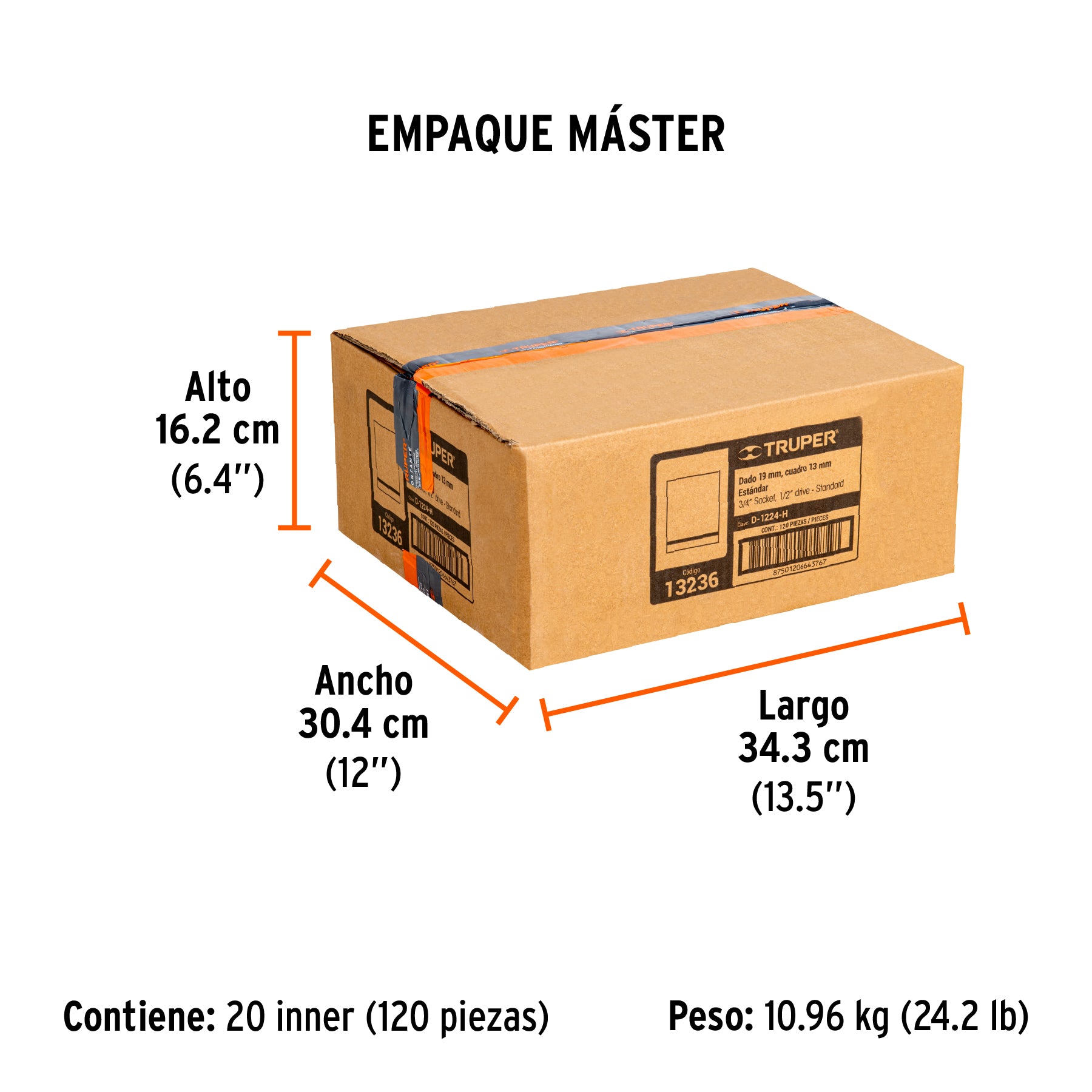 Dado de 6 puntas, cuadro 1/2" de 3/4"