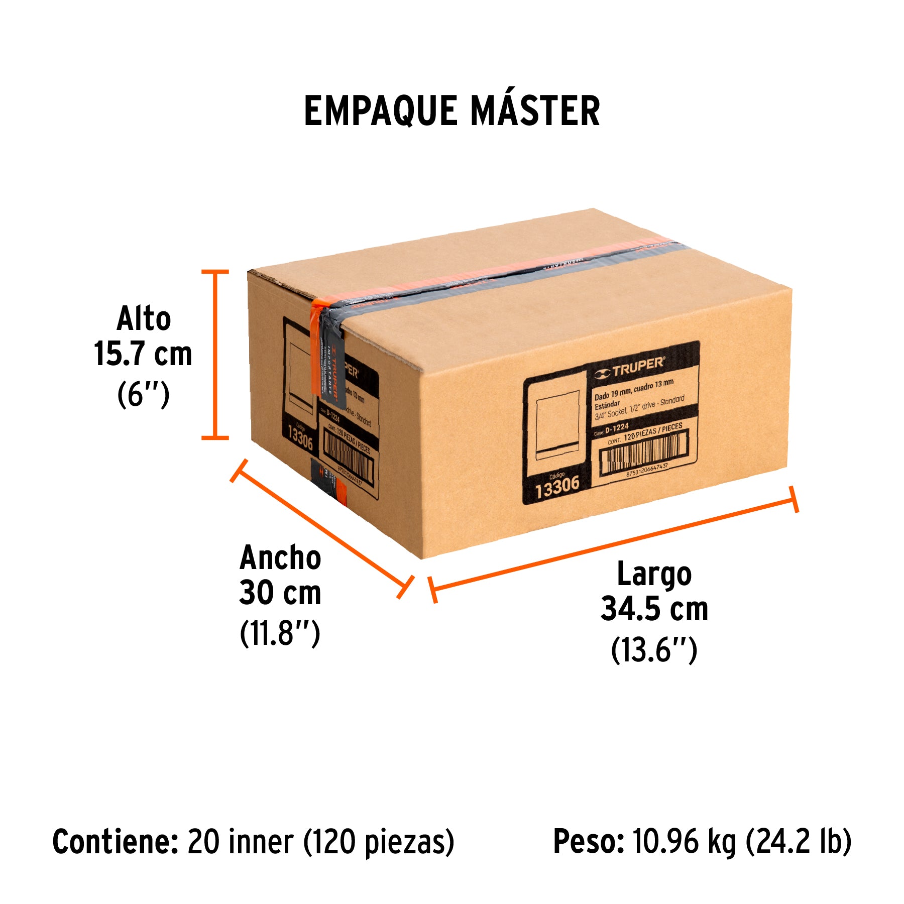 Dado de 12 puntas, cuadro 1/2" de 3/4"