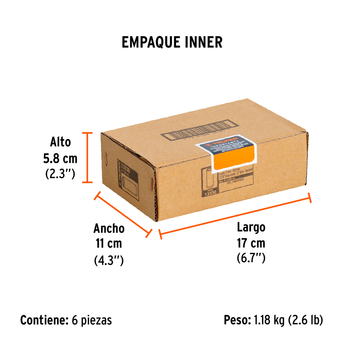 Dado de 6 puntas, largo, cuadro 1/2" de 13/16"